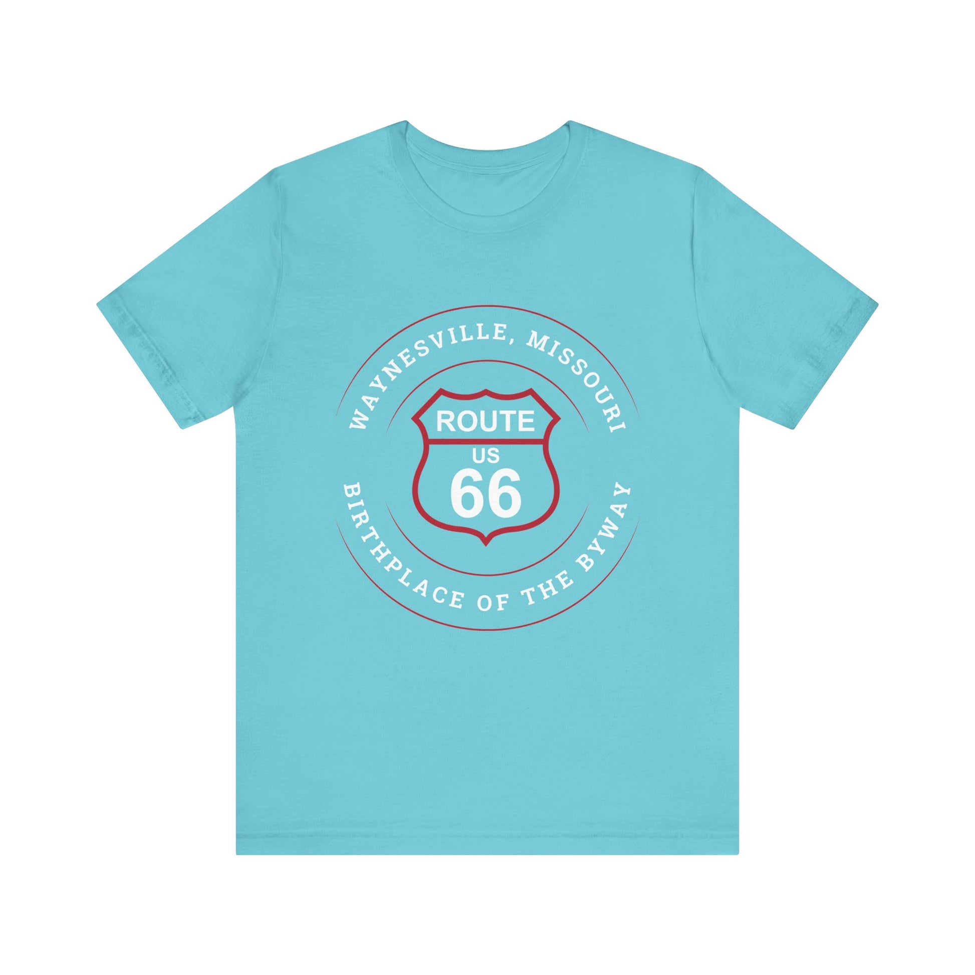 Turquoise retro Route 66 unisex jersey tee with Waynesville, MO: "Birthplace of the Byway" design