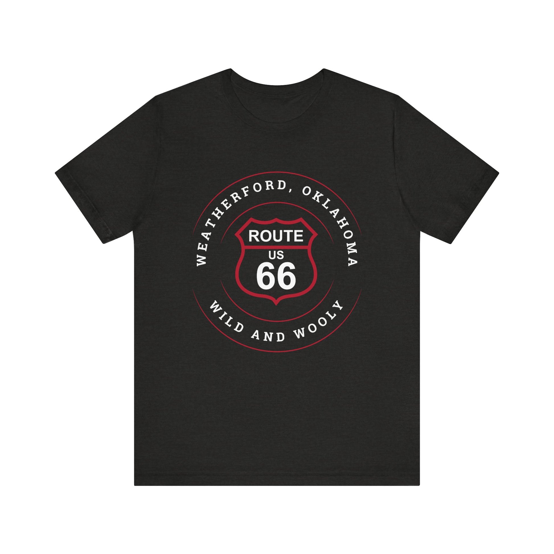 Black heather retro Route 66 unisex jersey tee with Weatherford, OK "Wild and Wooly" design