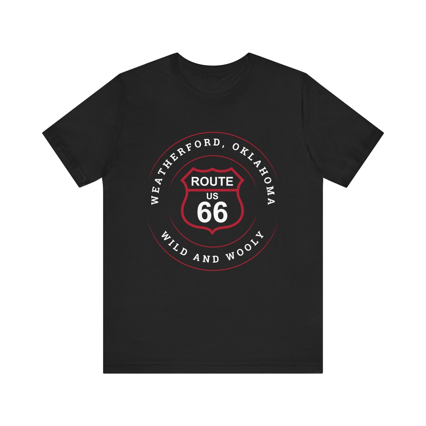 Black retro Route 66 unisex jersey tee with Weatherford, OK "Wild and Wooly" design