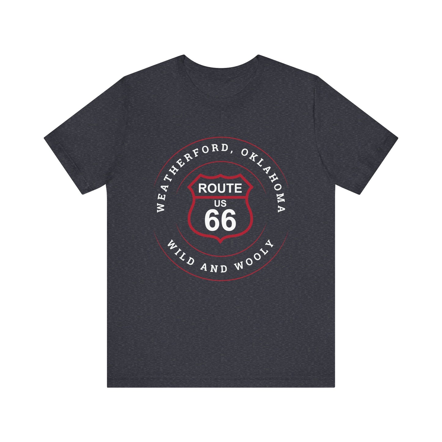 Heather navy retro Route 66 unisex jersey tee with Weatherford, OK "Wild and Wooly" design