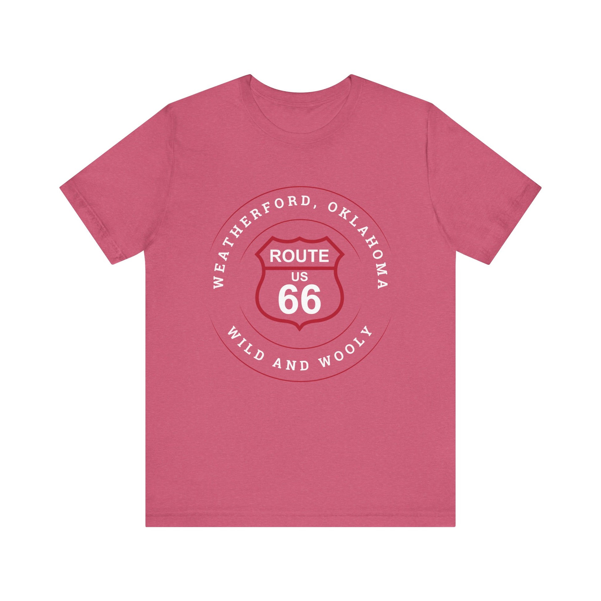 Heather raspberry retro Route 66 unisex jersey tee with Weatherford, OK "Wild and Wooly" design