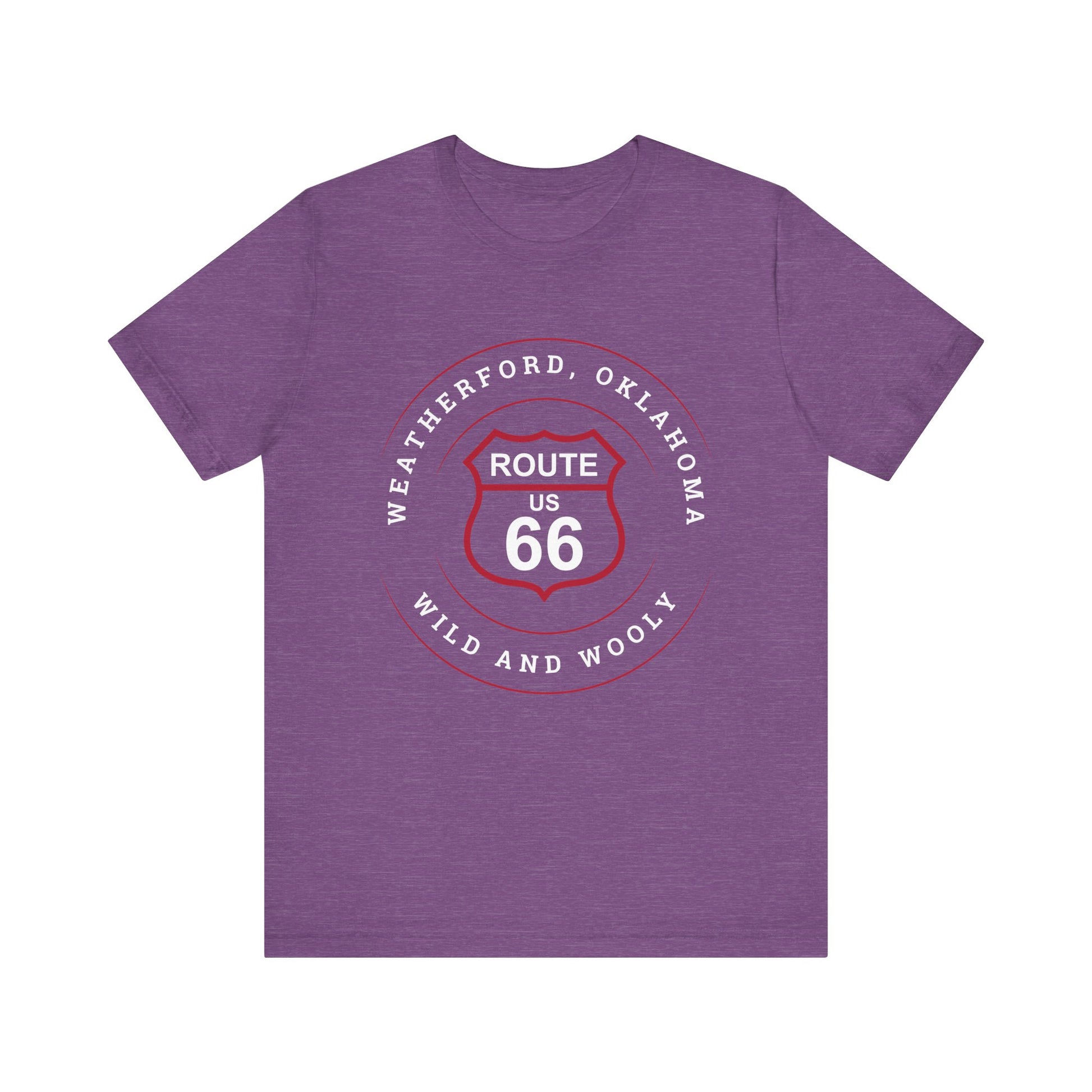 Heather team purple retro Route 66 unisex jersey tee with Weatherford, OK "Wild and Wooly" design