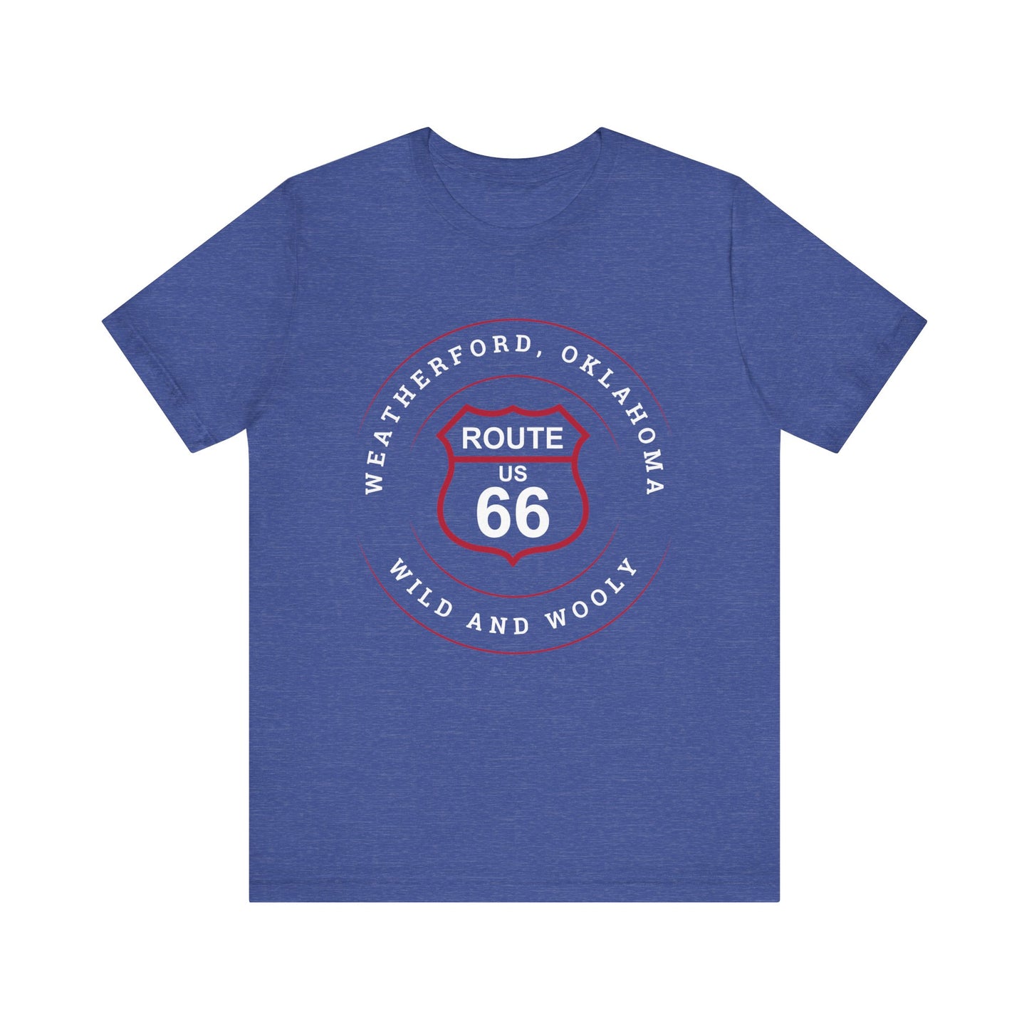 Heather true royal retro Route 66 unisex jersey tee with Weatherford, OK "Wild and Wooly" design
