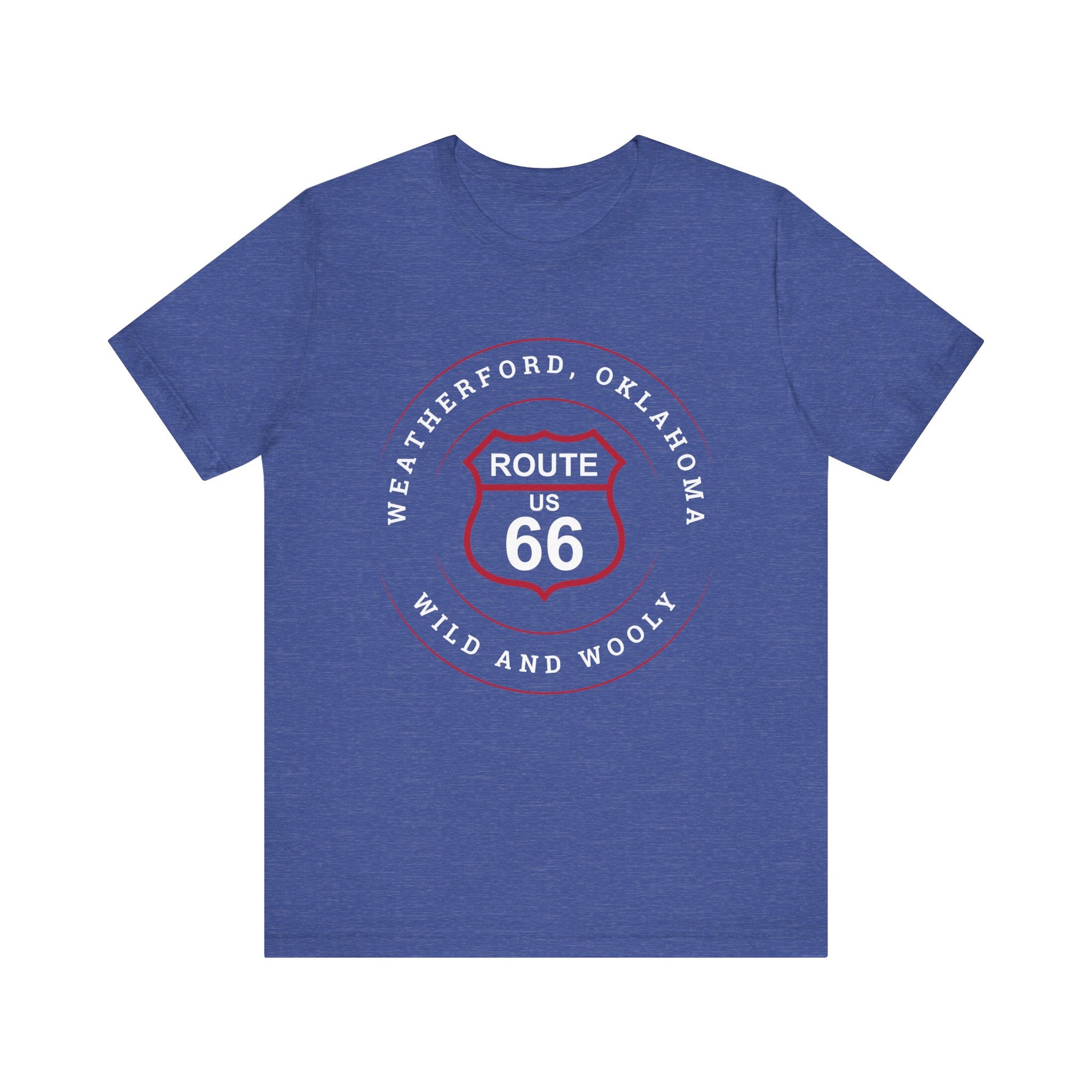 Heather true royal retro Route 66 unisex jersey tee with Weatherford, OK "Wild and Wooly" design