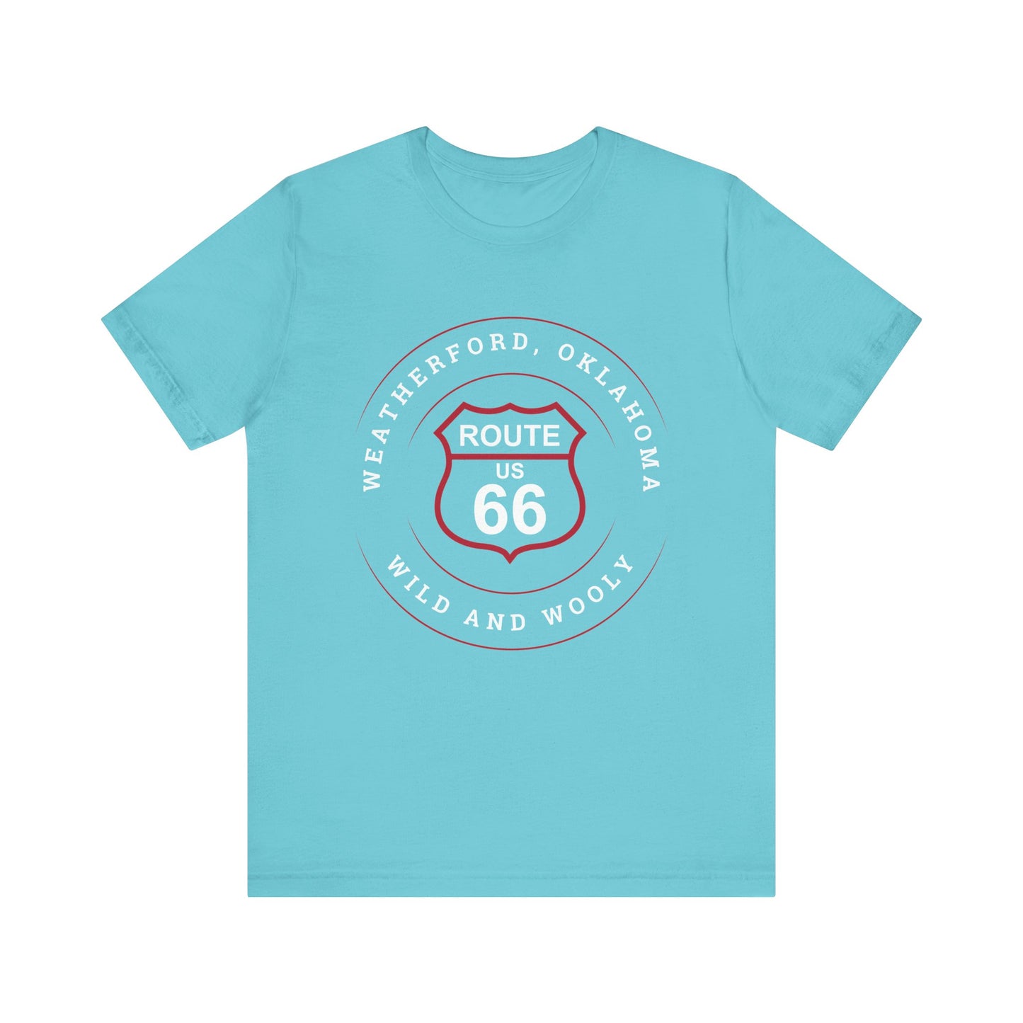 Turquoise retro Route 66 unisex jersey tee with Weatherford, OK "Wild and Wooly" design