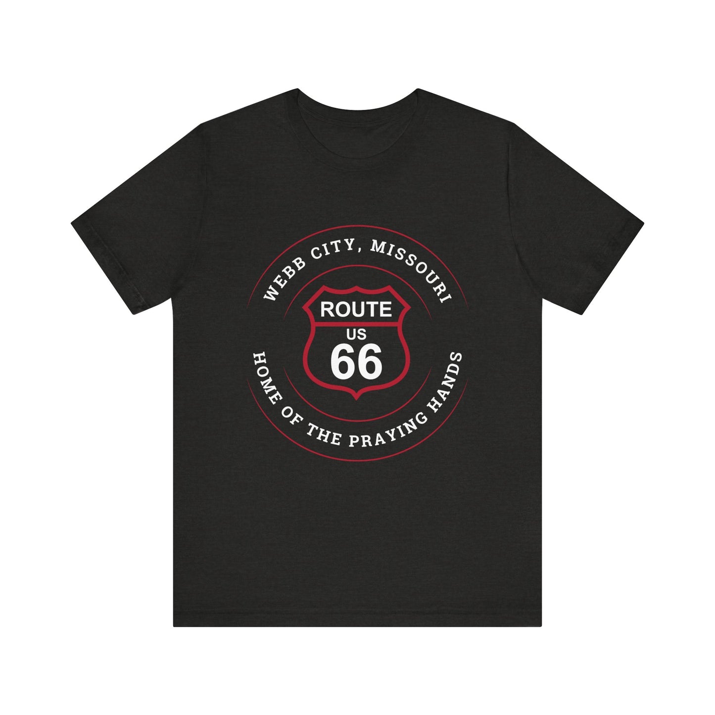 Black heather retro Route 66 unisex jersey tee with Webb City, MO "Home of the Praying Hands" design