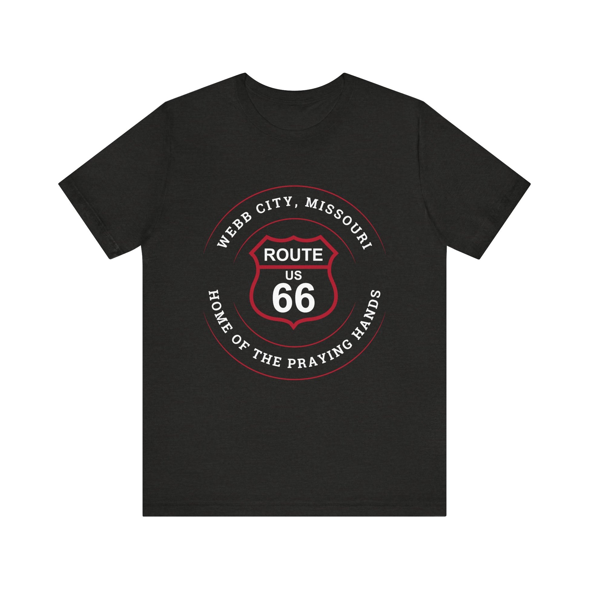 Black heather retro Route 66 unisex jersey tee with Webb City, MO "Home of the Praying Hands" design