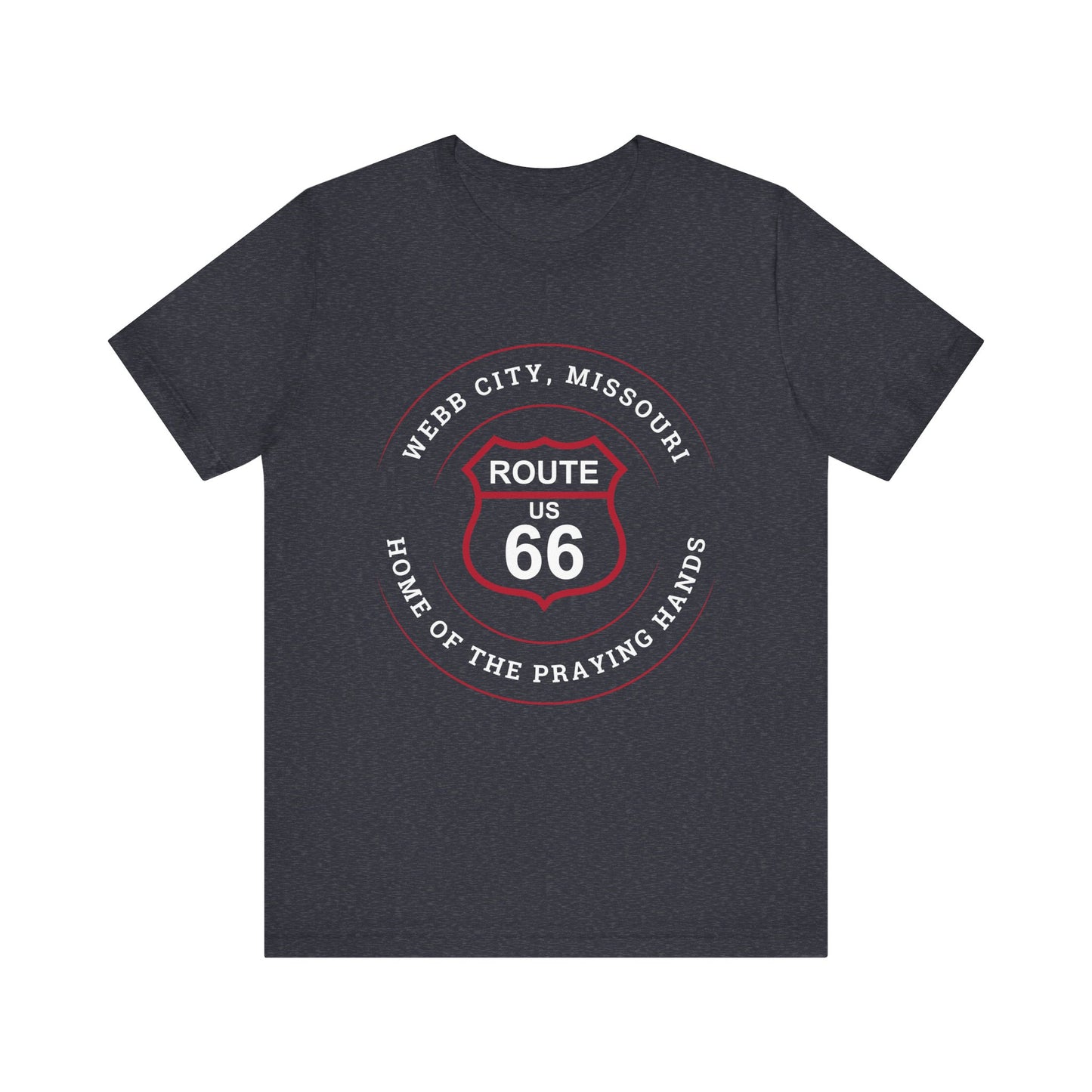 Heather navy retro Route 66 unisex jersey tee with Webb City, MO "Home of the Praying Hands" design