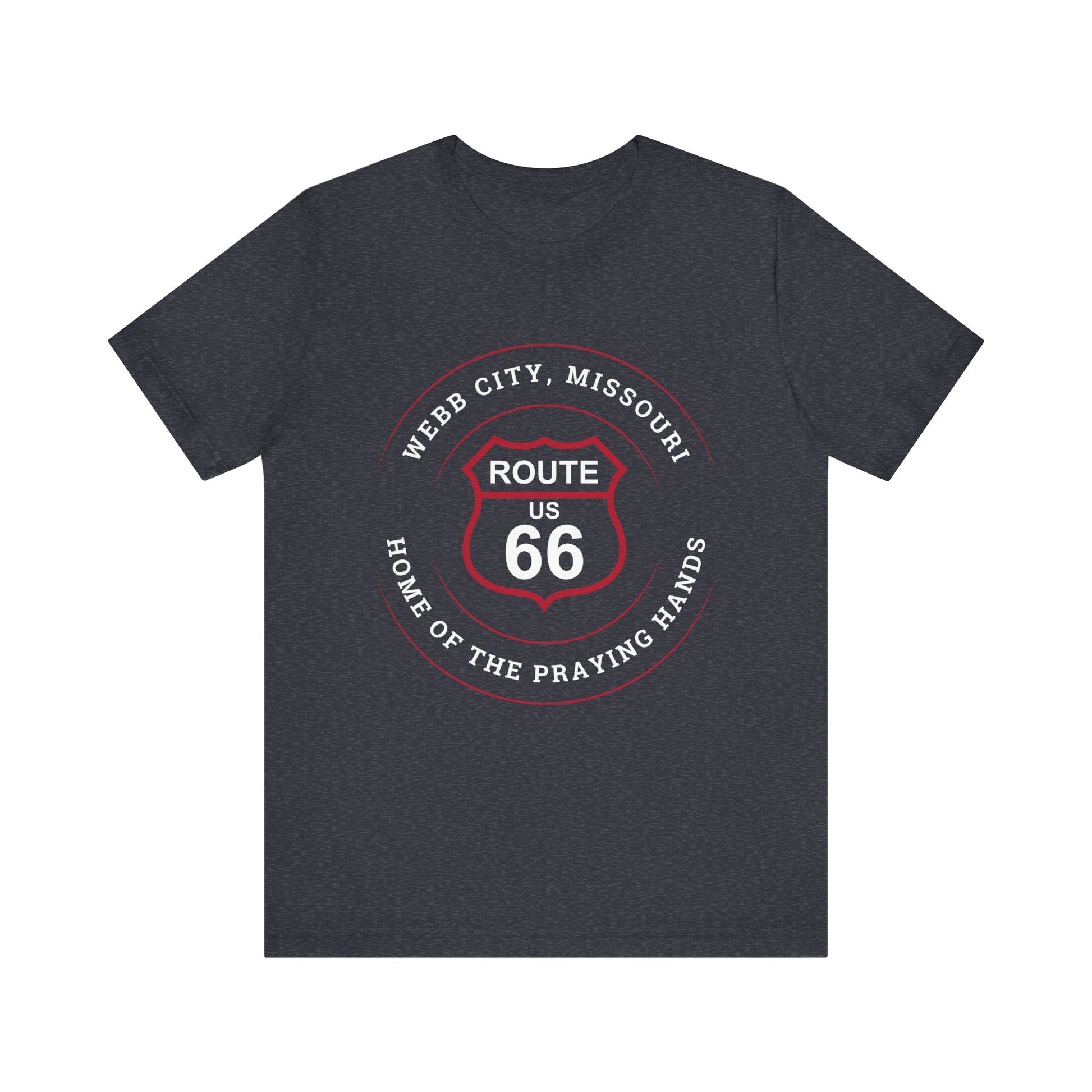 Heather navy retro Route 66 unisex jersey tee with Webb City, MO "Home of the Praying Hands" design