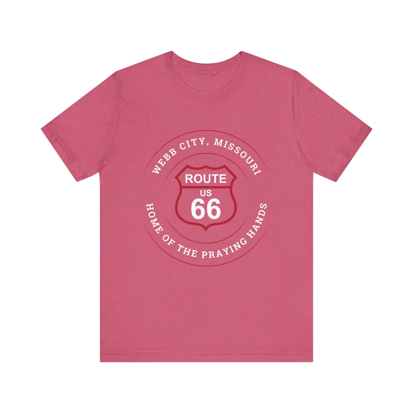 Heather raspberry retro Route 66 unisex jersey tee with Webb City, MO "Home of the Praying Hands" design