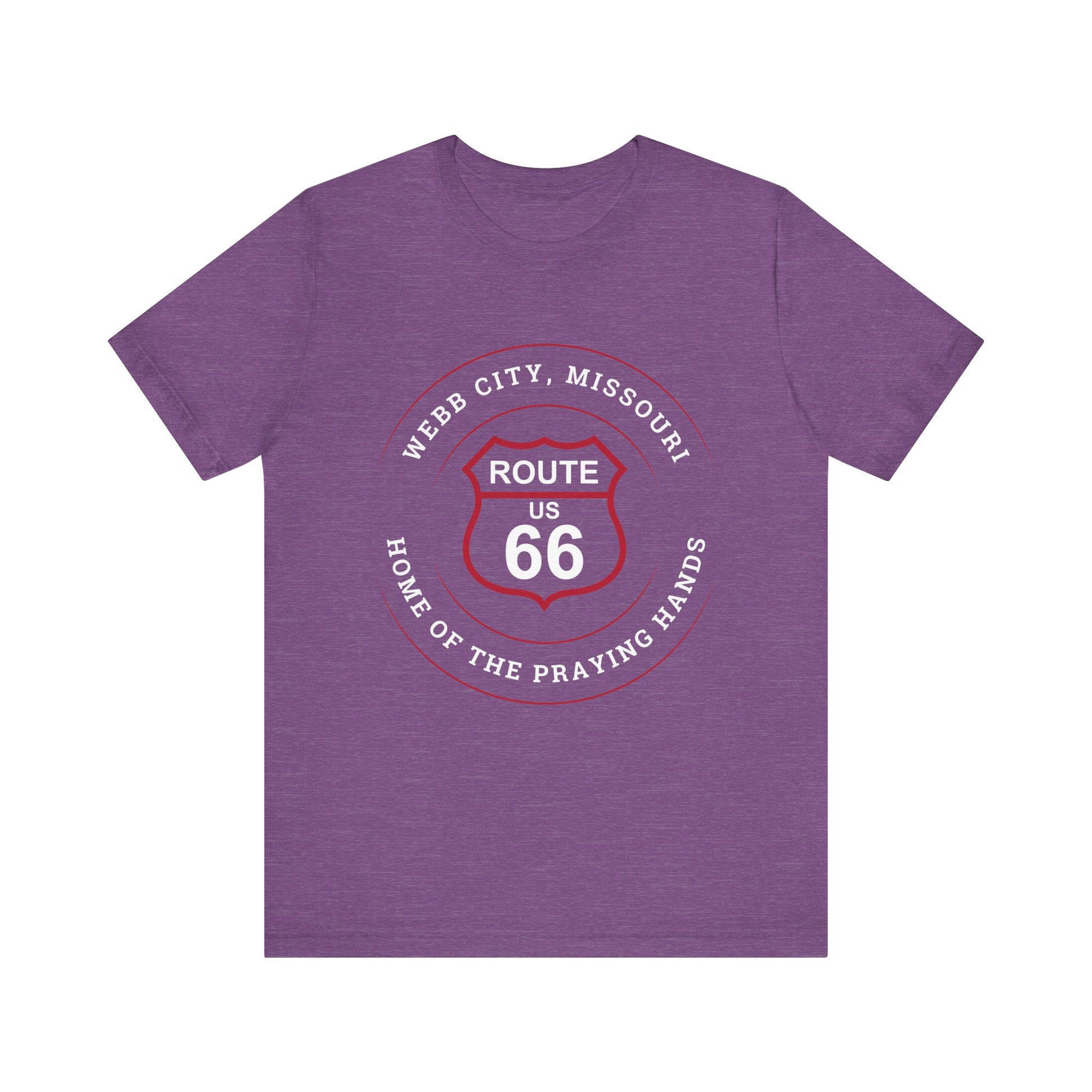 Heather team purple retro Route 66 unisex jersey tee with Webb City, MO "Home of the Praying Hands" design
