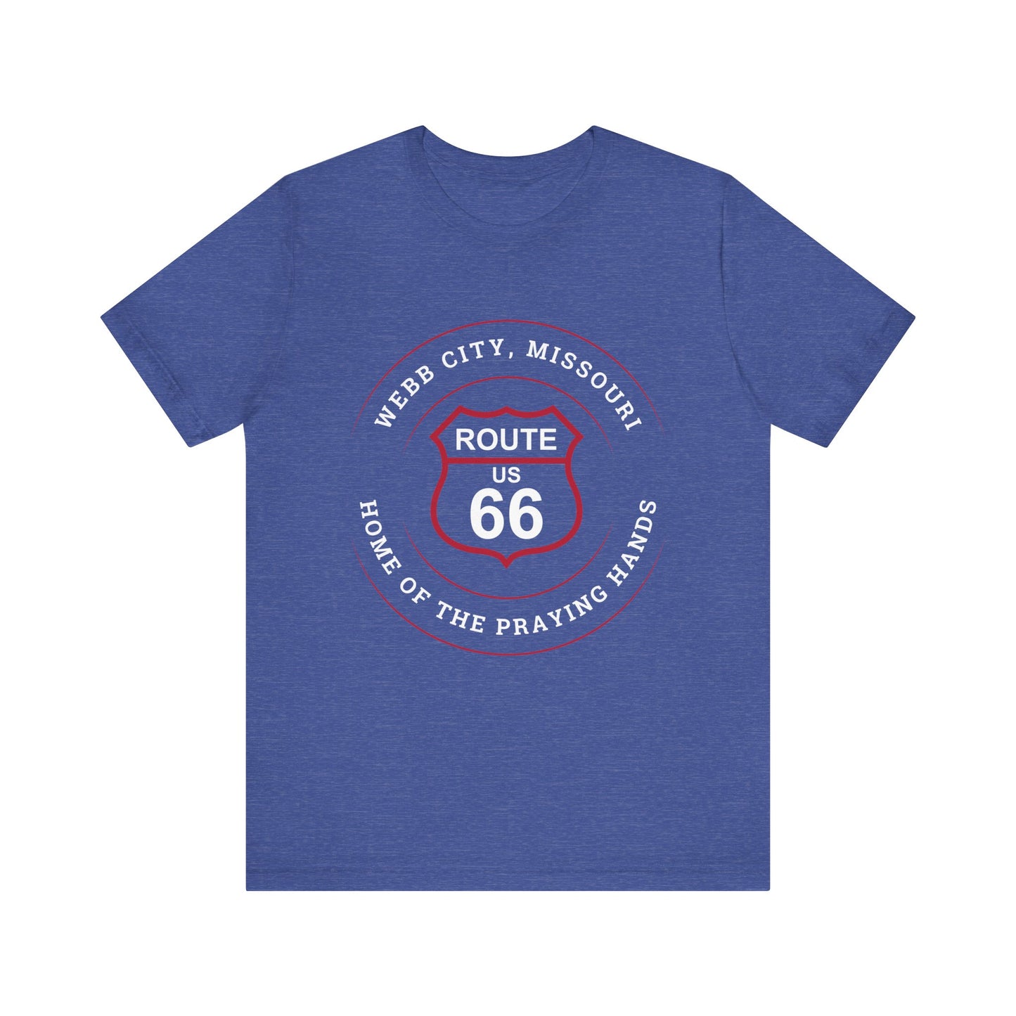 Heather true royal retro Route 66 unisex jersey tee with Webb City, MO "Home of the Praying Hands" design
