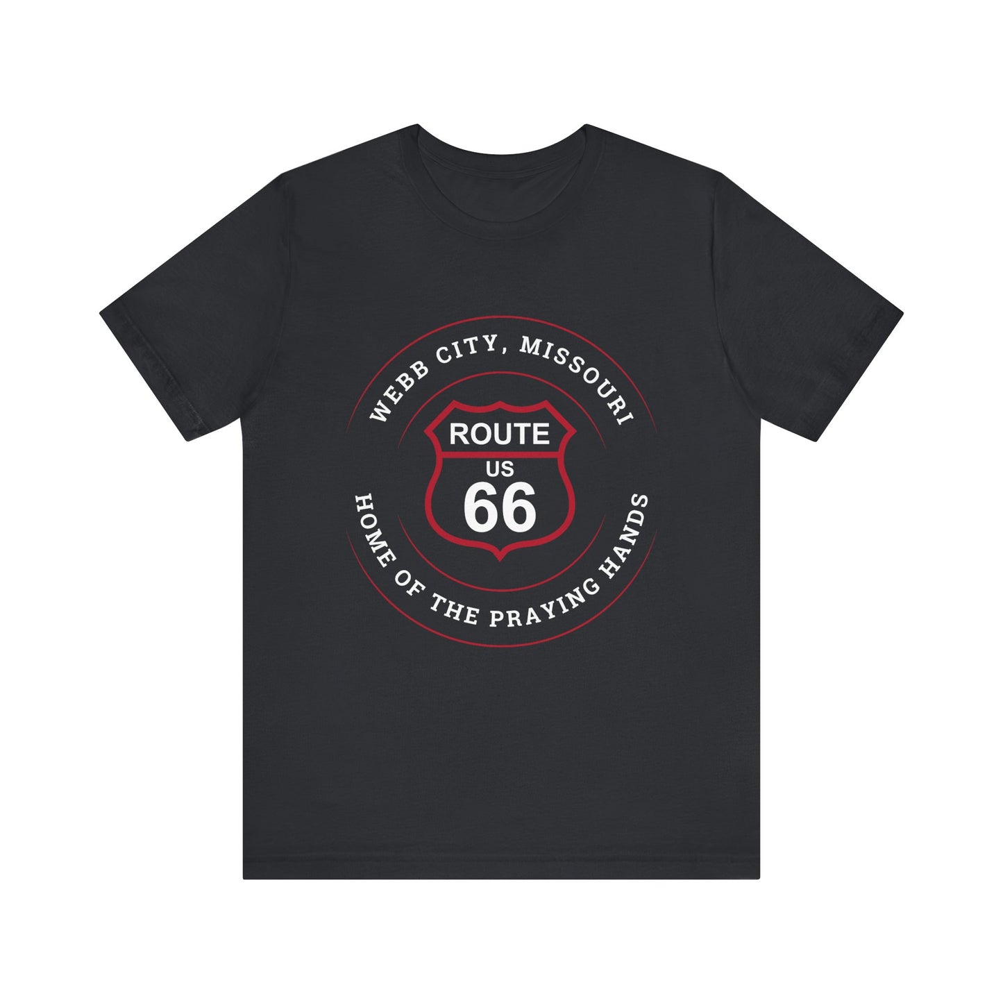 Vintage black retro Route 66 unisex jersey tee with Webb City, MO "Home of the Praying Hands" design