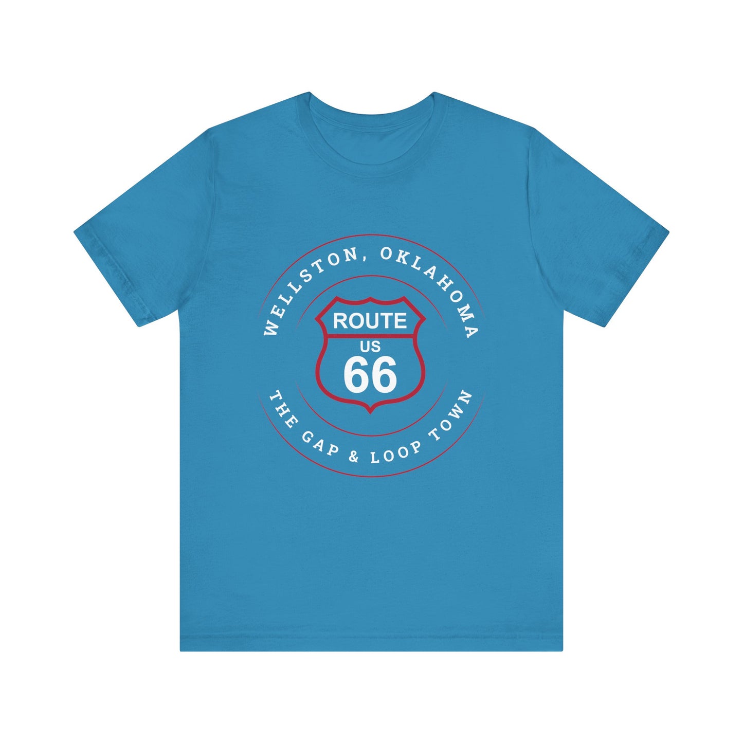 Aqua retro Route 66 unisex jersey tee with Wellston, OK "Gap & Loop Town" design
