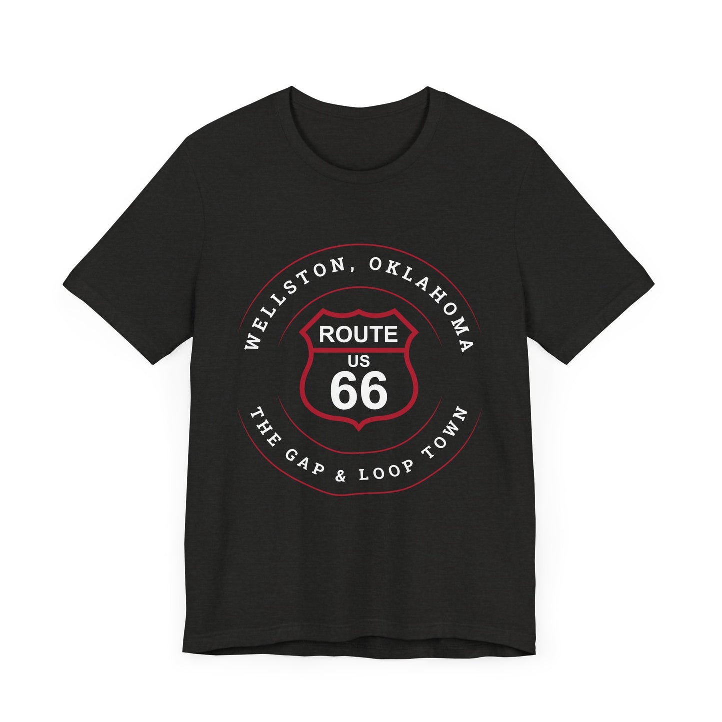 Black heather retro Route 66 unisex jersey tee with Wellston, OK "Gap & Loop Town" design