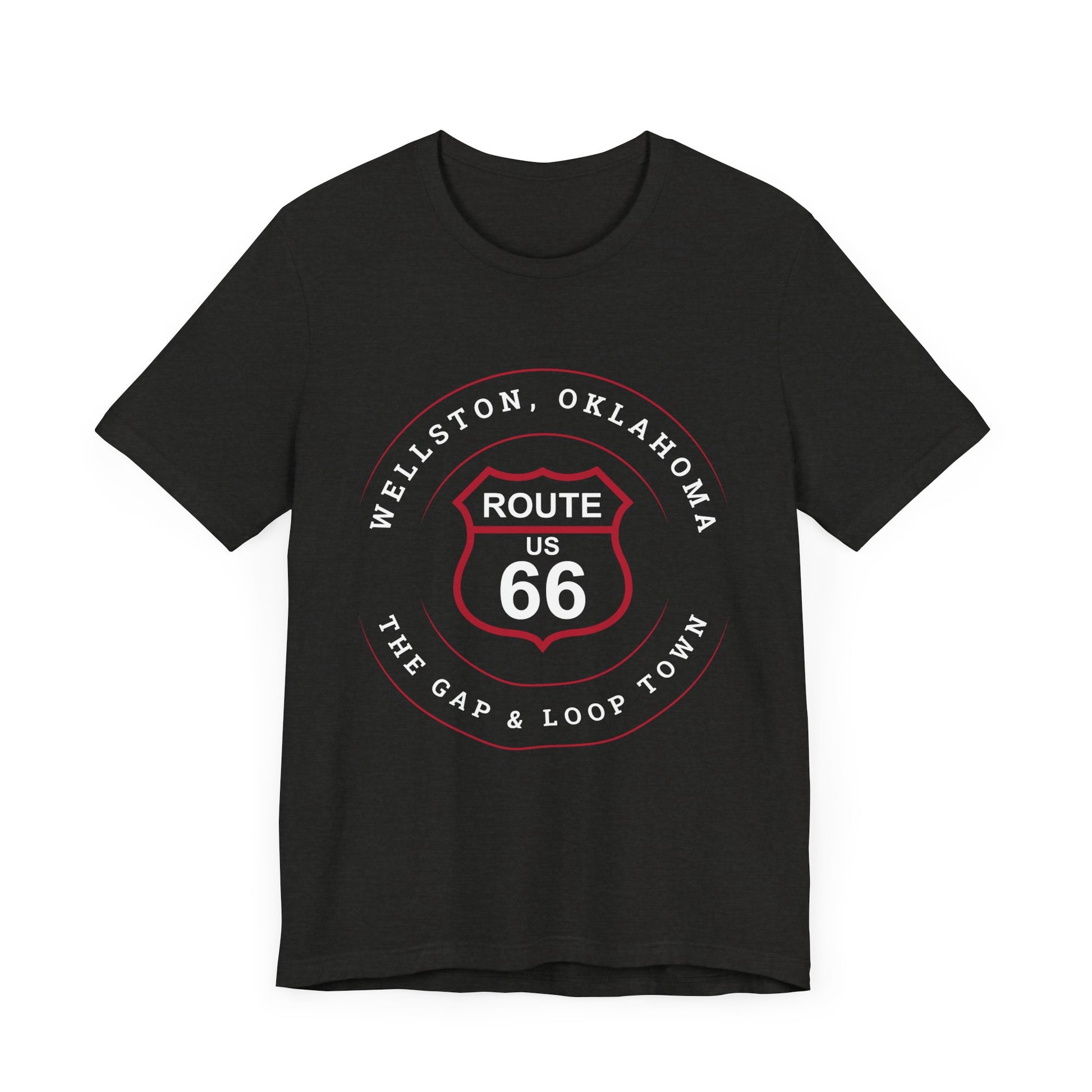Black heather retro Route 66 unisex jersey tee with Wellston, OK "Gap & Loop Town" design