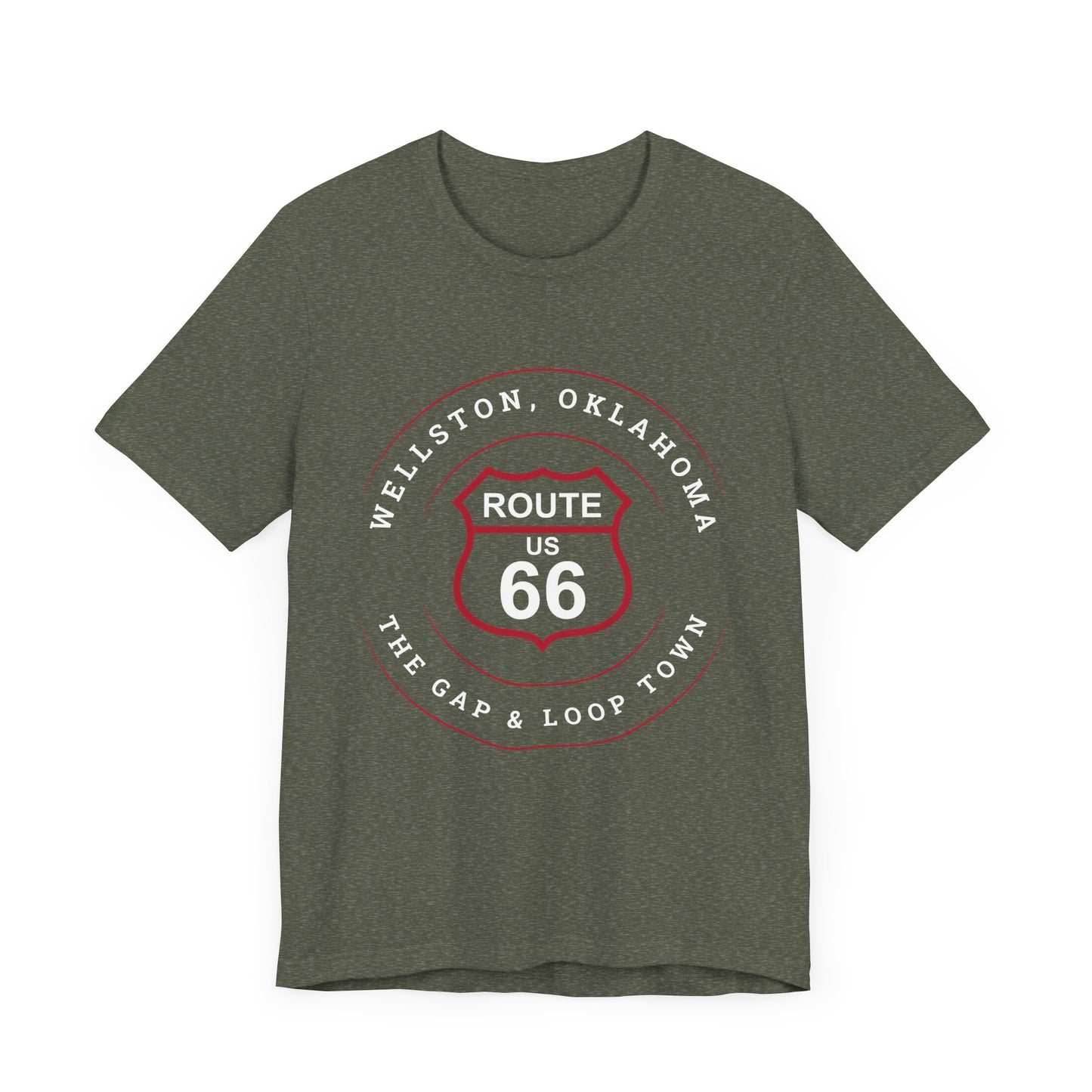 Heather military green retro Route 66 unisex jersey tee with Wellston, OK "Gap & Loop Town" design