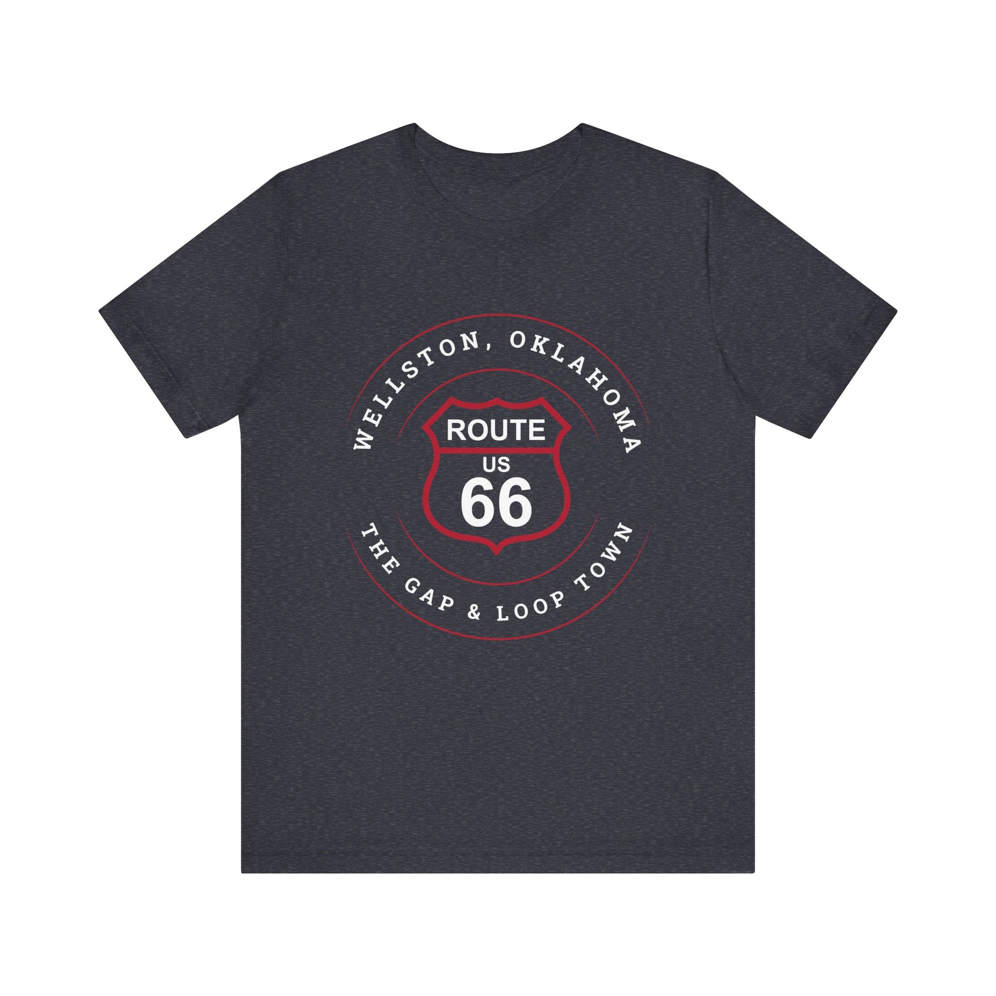 Heather navy retro Route 66 unisex jersey tee with Wellston, OK "Gap & Loop Town" design