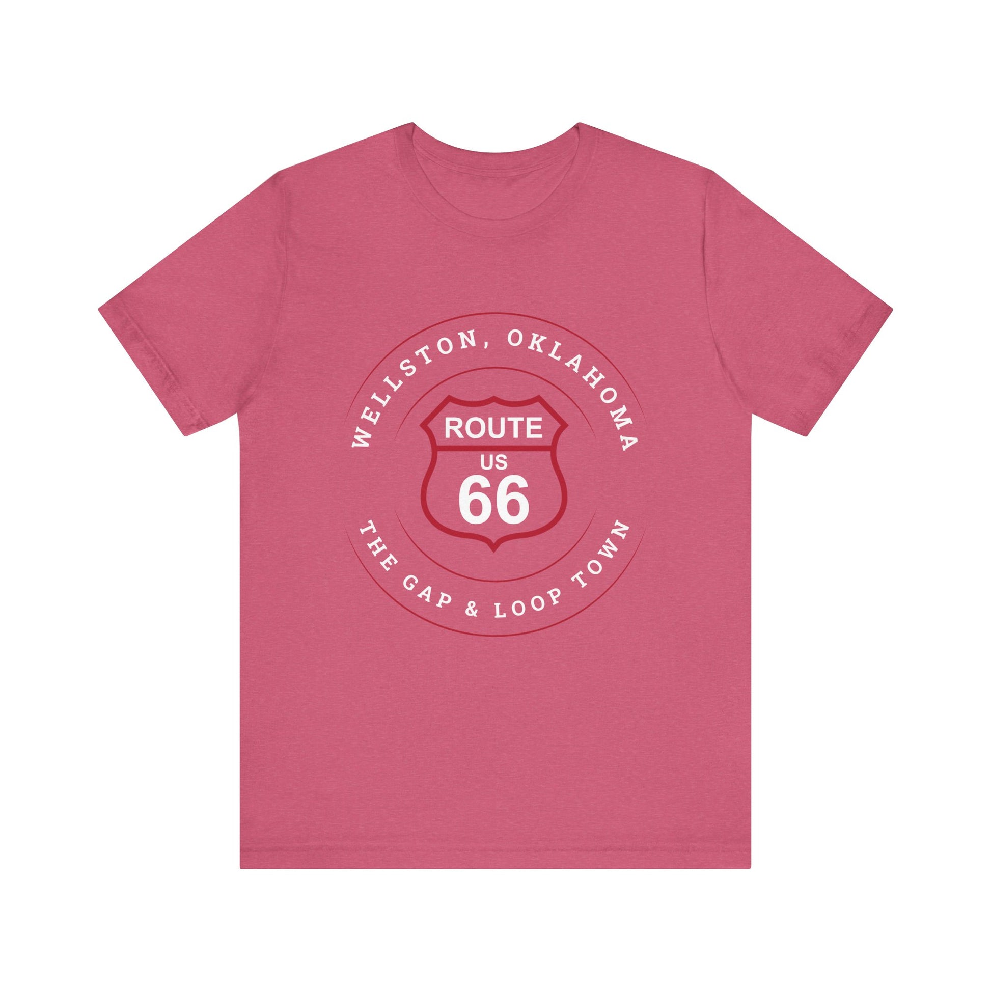 Heather raspberry retro Route 66 unisex jersey tee with Wellston, OK "Gap & Loop Town" design