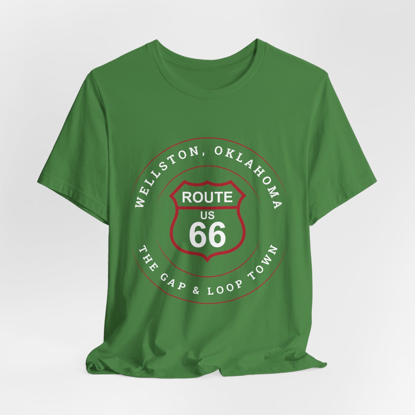 Leaf retro Route 66 unisex jersey tee with Wellston, OK "Gap & Loop Town" design