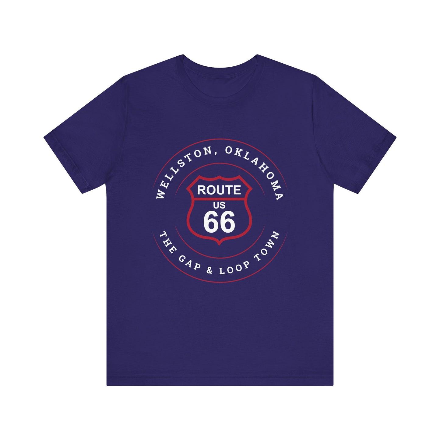 Team navy retro Route 66 unisex jersey tee with Wellston, OK "Gap & Loop Town" design