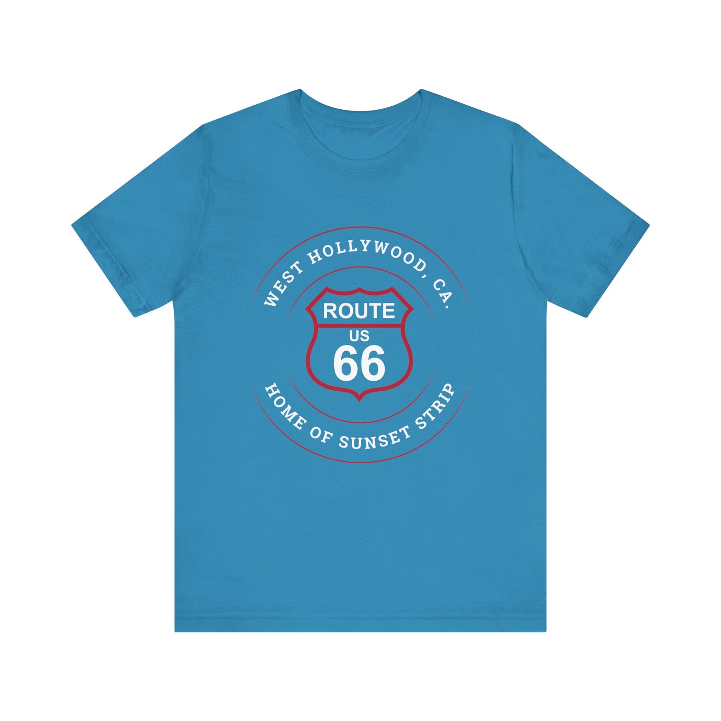 Aqua retro Route 66 unisex jersey tee with West Hollywood, CA: "Home of Sunset Strip" design