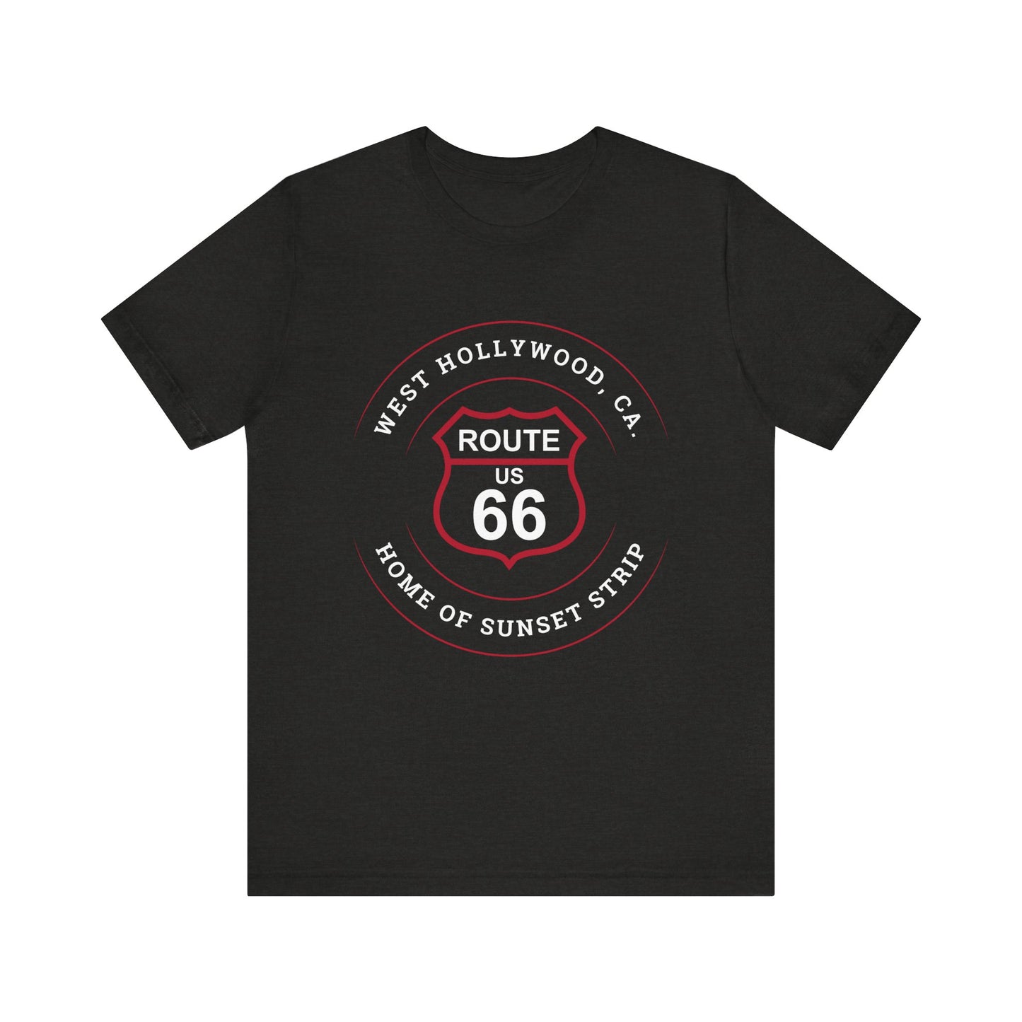 Black heather retro Route 66 unisex jersey tee with West Hollywood, CA: "Home of Sunset Strip" design