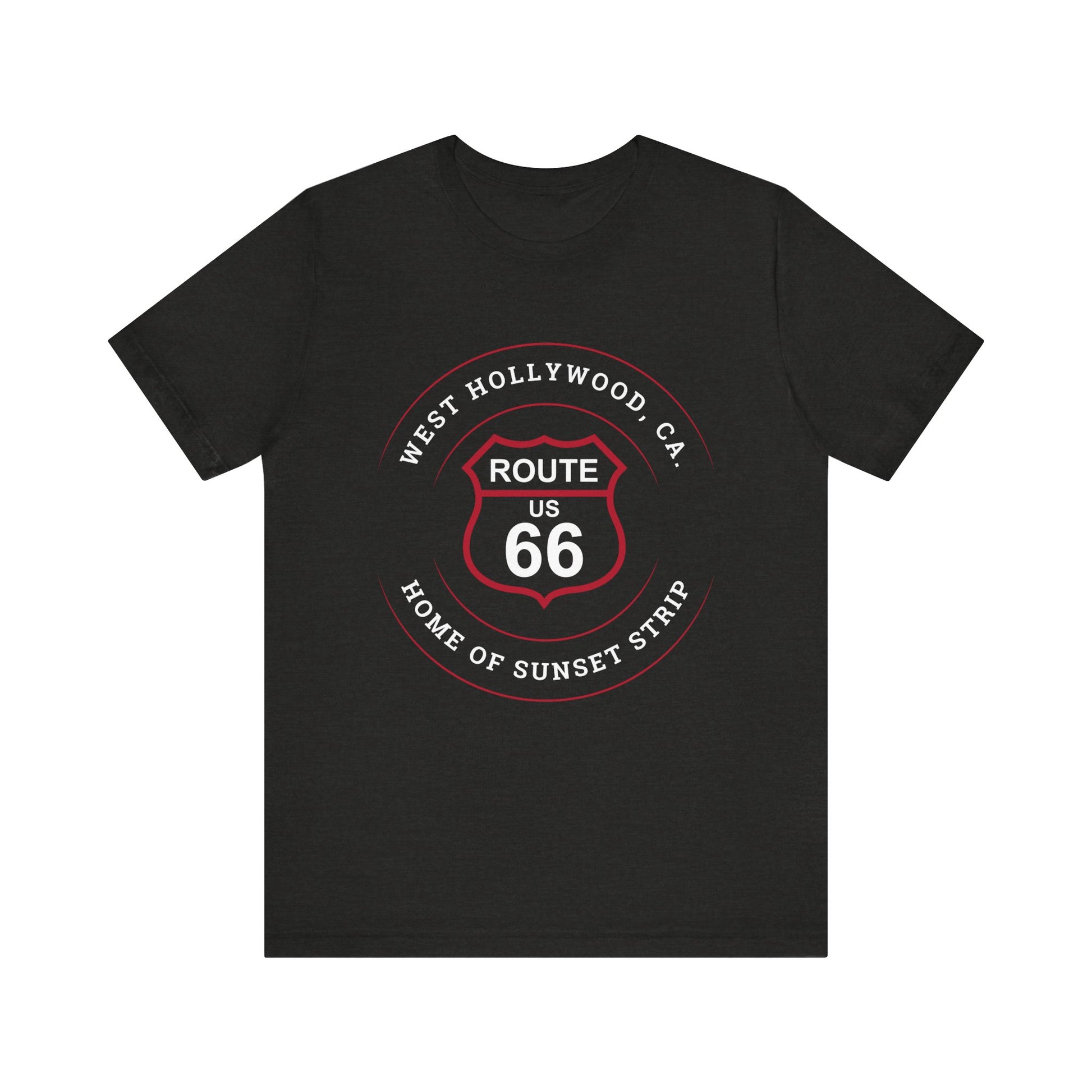 Black heather retro Route 66 unisex jersey tee with West Hollywood, CA: "Home of Sunset Strip" design