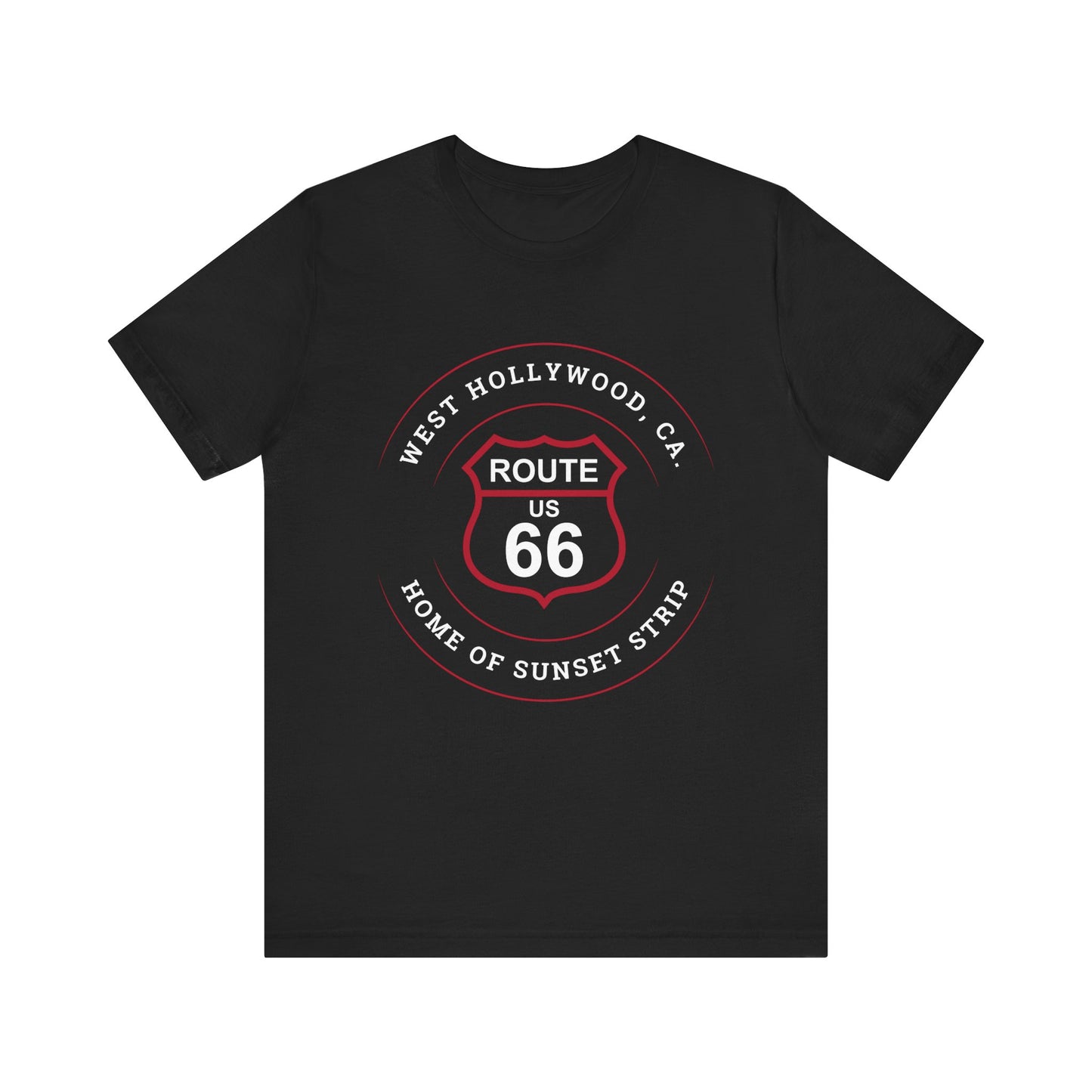 Black retro Route 66 unisex jersey tee with West Hollywood, CA: "Home of Sunset Strip" design