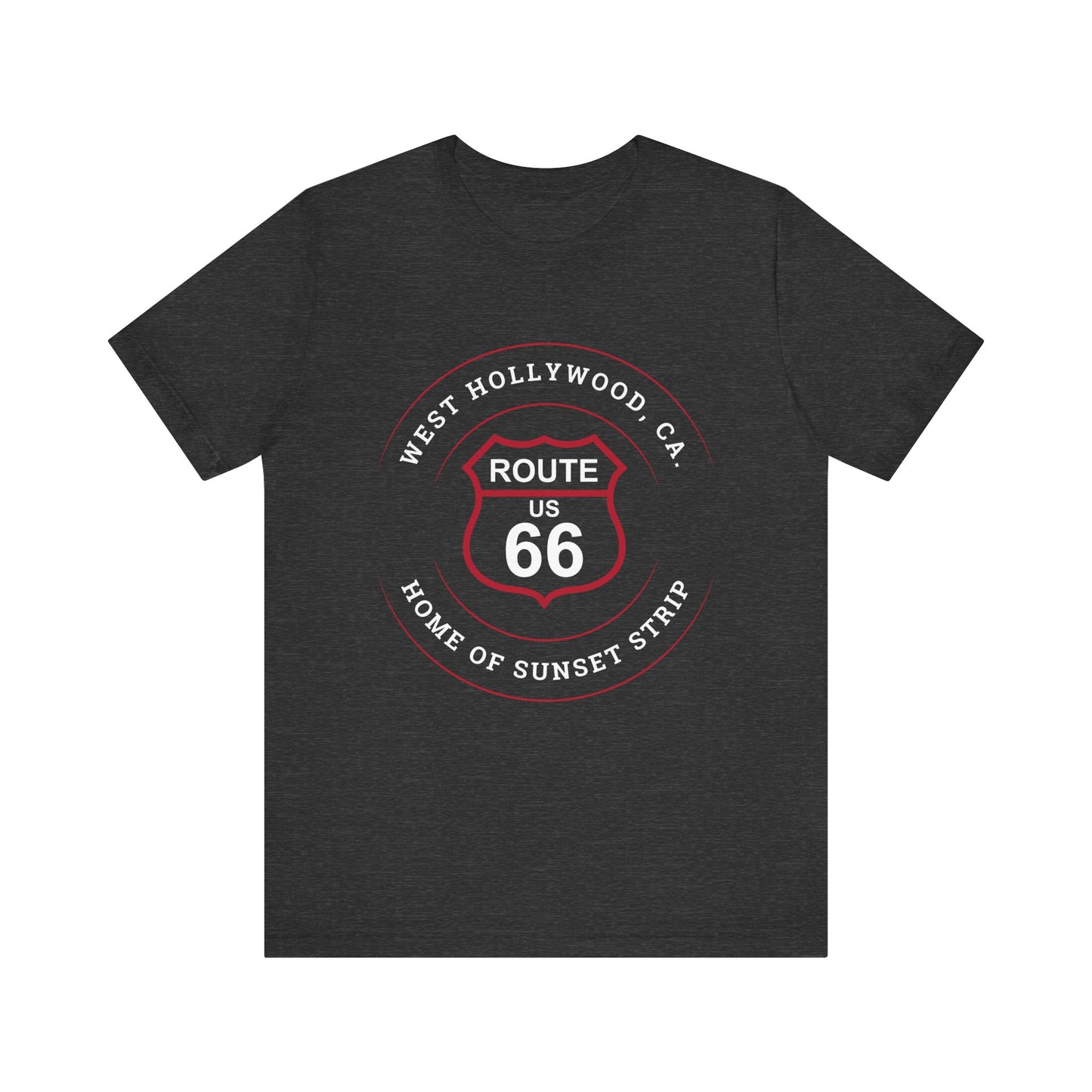 Dark grey heather retro Route 66 unisex jersey tee with West Hollywood, CA: "Home of Sunset Strip" design