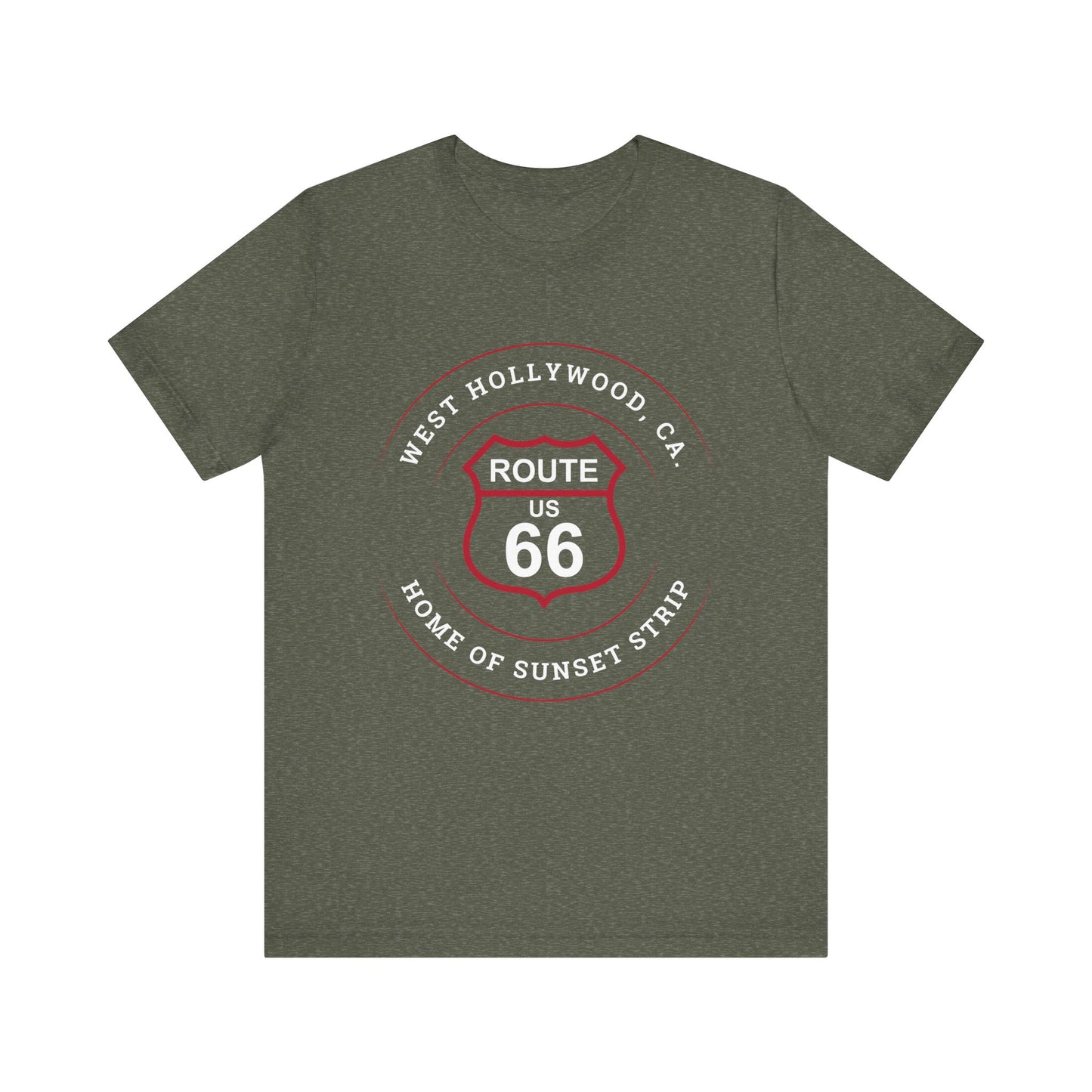 Heather military green retro Route 66 unisex jersey tee with West Hollywood, CA: "Home of Sunset Strip" design