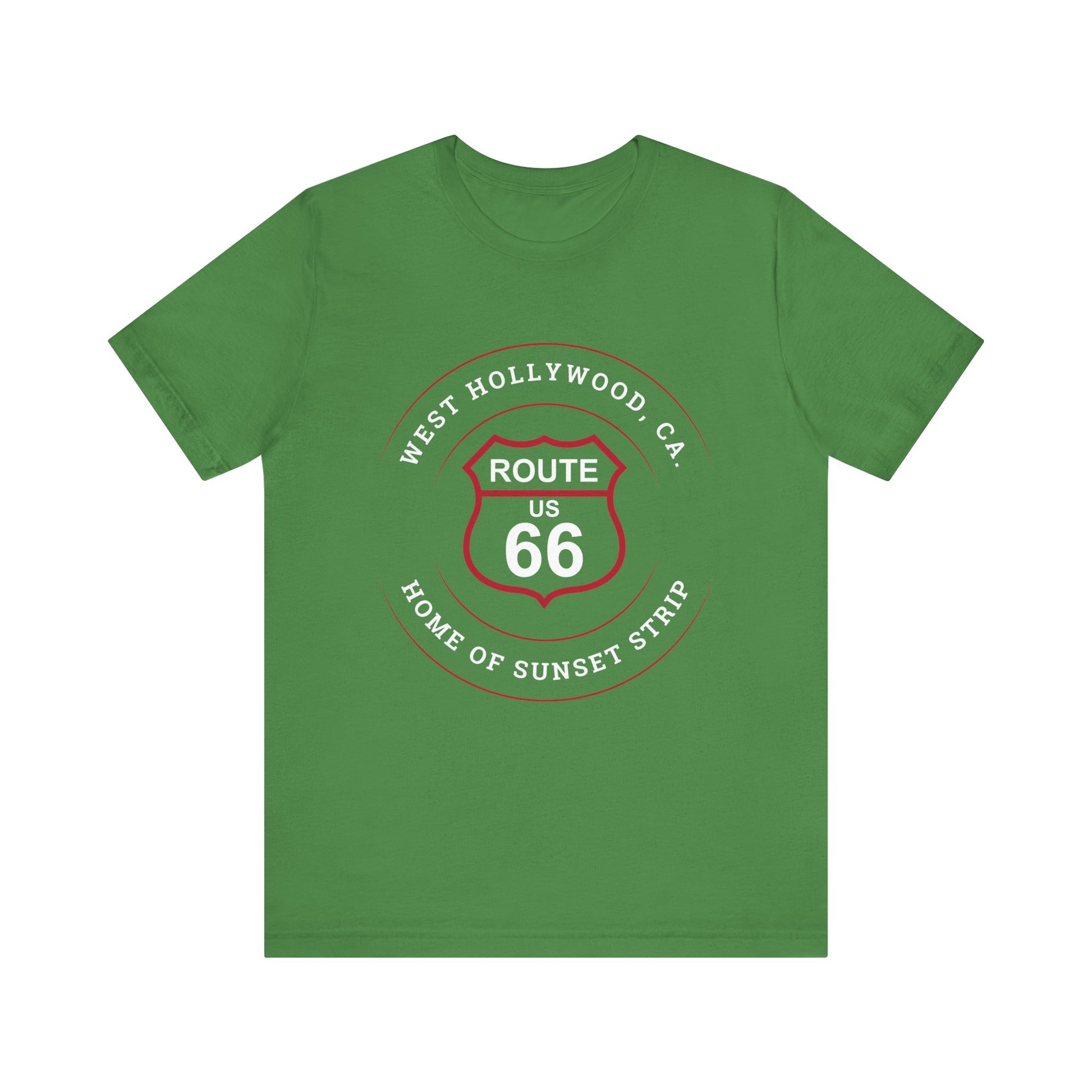 Leaf retro Route 66 unisex jersey tee with West Hollywood, CA: "Home of Sunset Strip" design