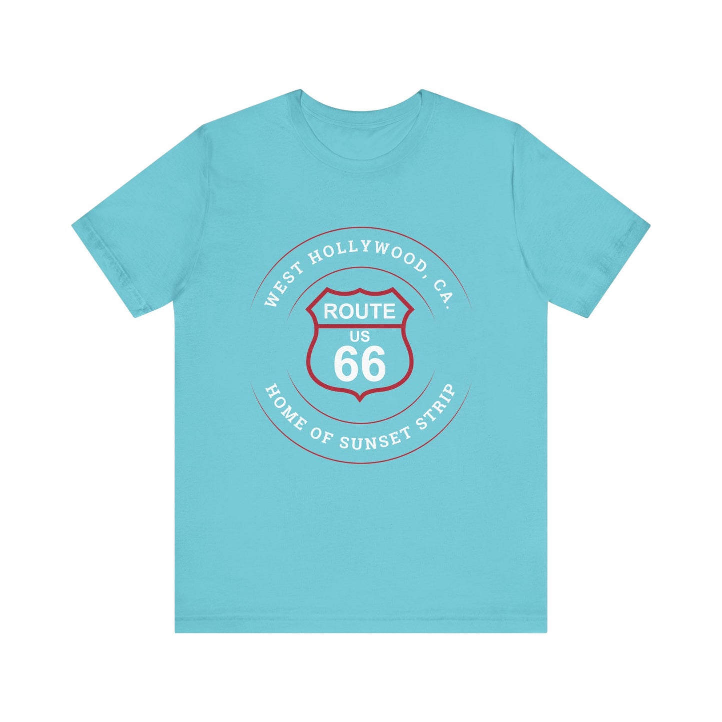 Turquoise retro Route 66 unisex jersey tee with West Hollywood, CA: "Home of Sunset Strip" design
