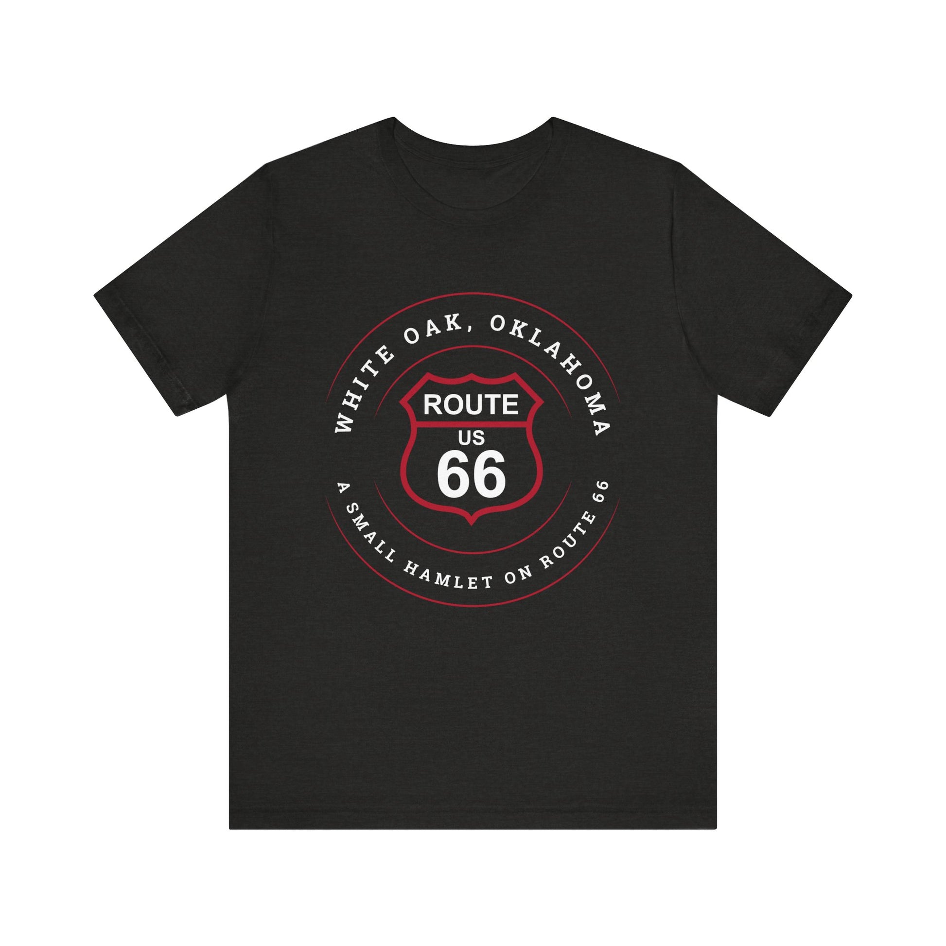 Black heather retro Route 66 unisex jersey tee with White Oak, OK "A Small Hamlet on Route 66" design