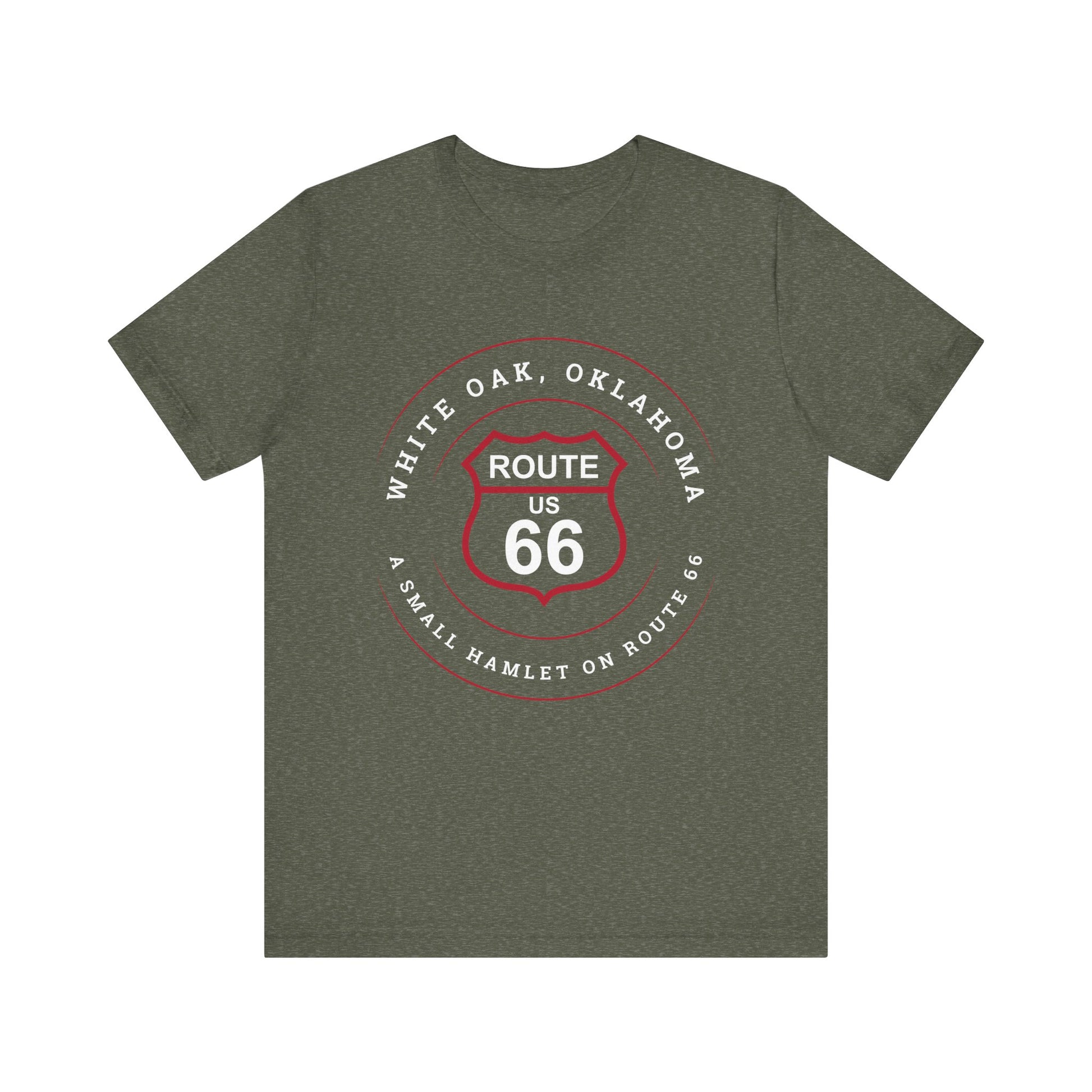 Heather military green retro Route 66 unisex jersey tee with White Oak, OK "A Small Hamlet on Route 66" design