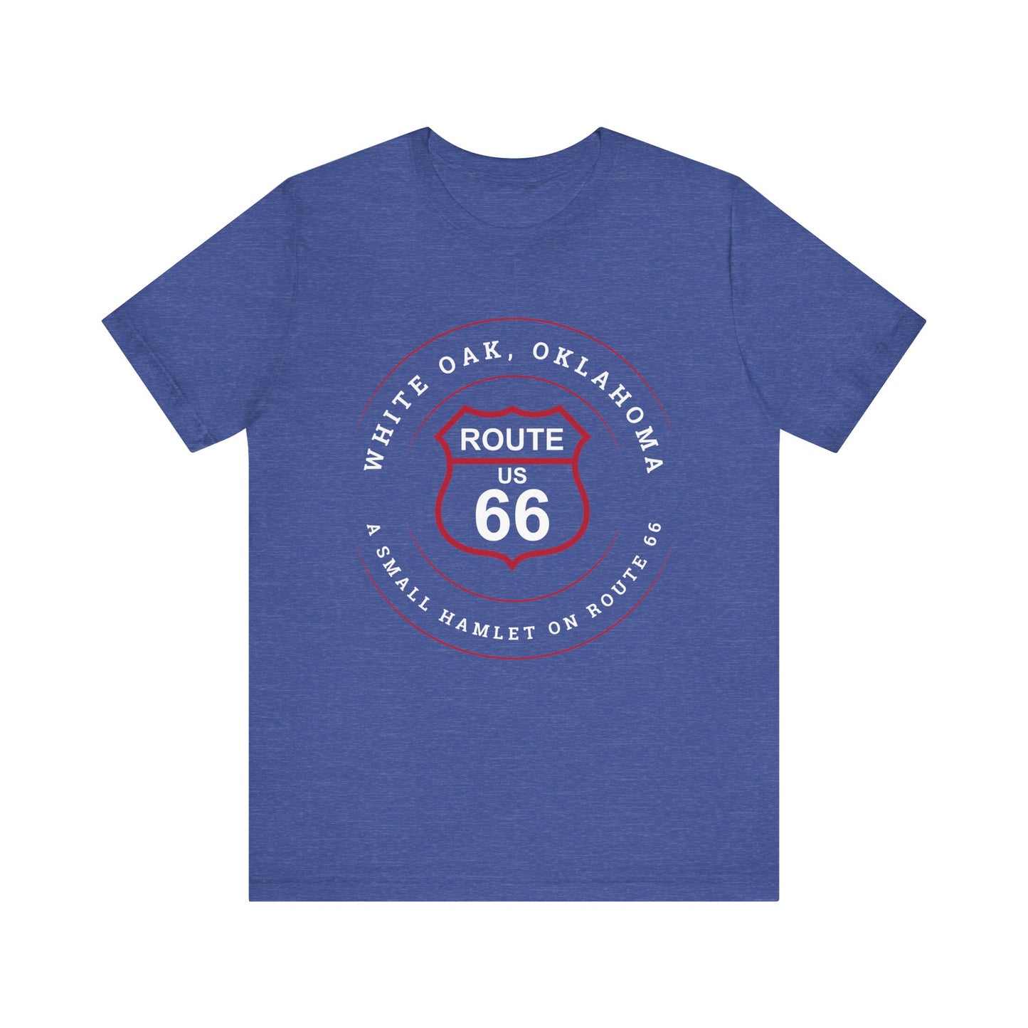 Heather true royal retro Route 66 unisex jersey tee with White Oak, OK "A Small Hamlet on Route 66" design