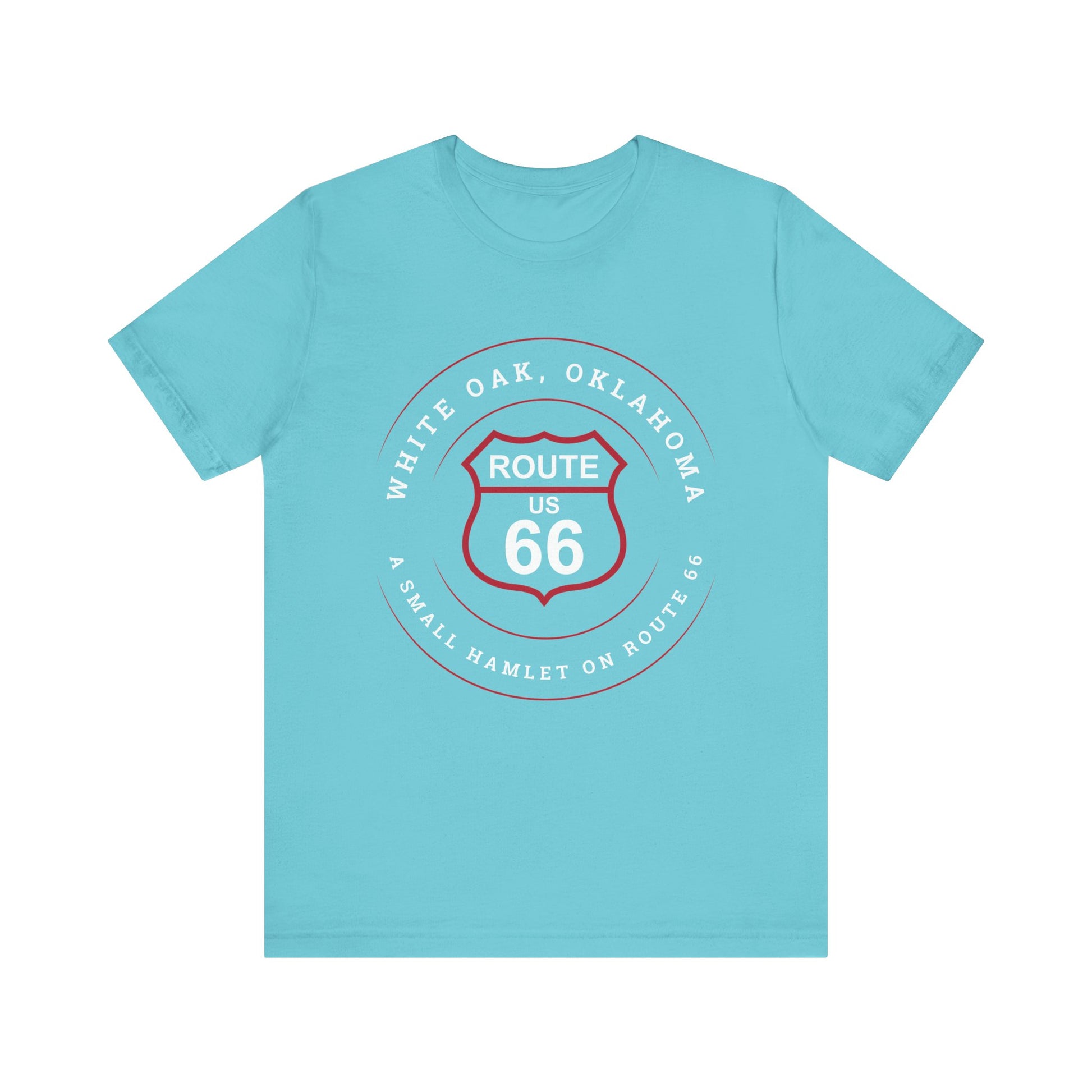Turquoise retro Route 66 unisex jersey tee with White Oak, OK "A Small Hamlet on Route 66" design