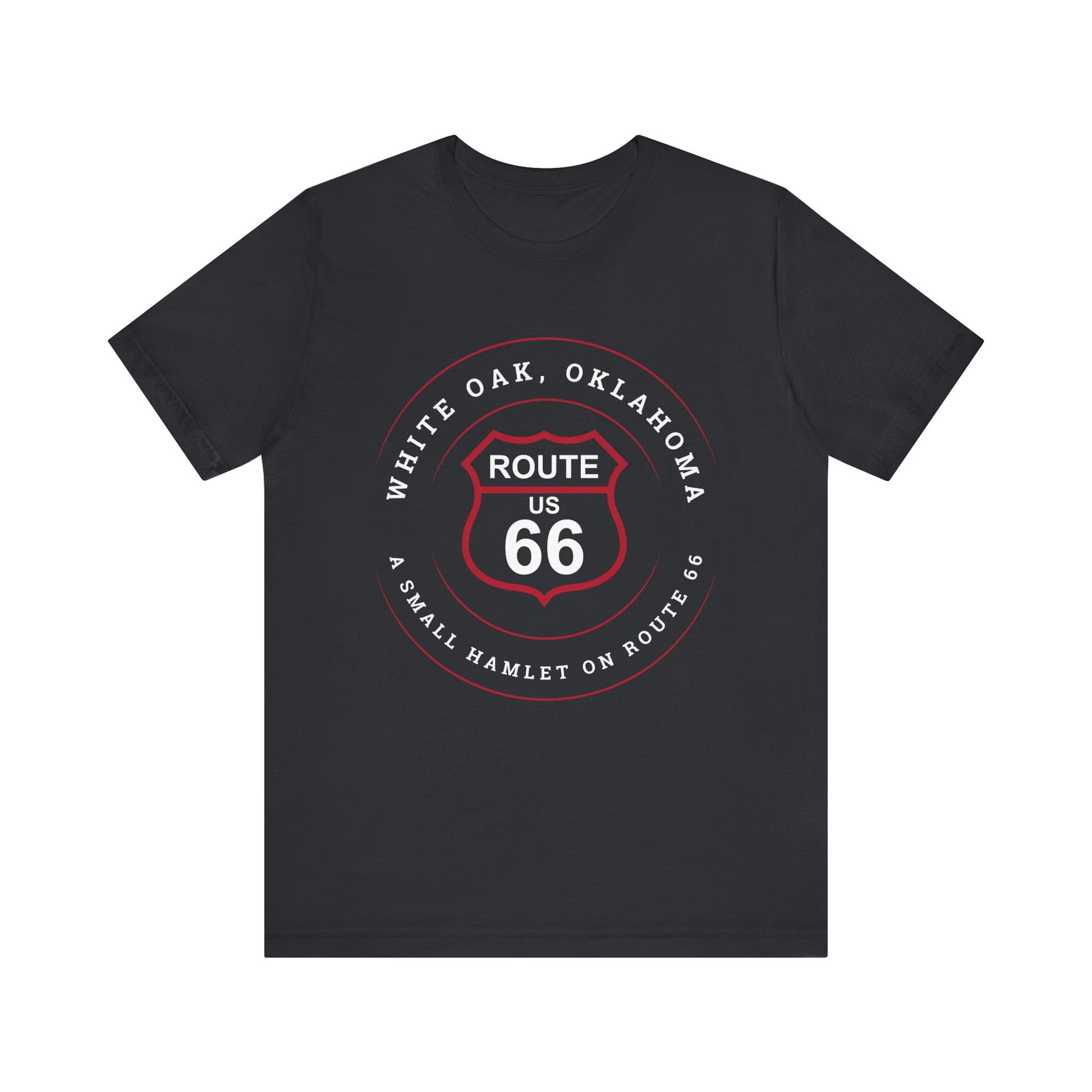 Vintage black retro Route 66 unisex jersey tee with White Oak, OK "A Small Hamlet on Route 66" design