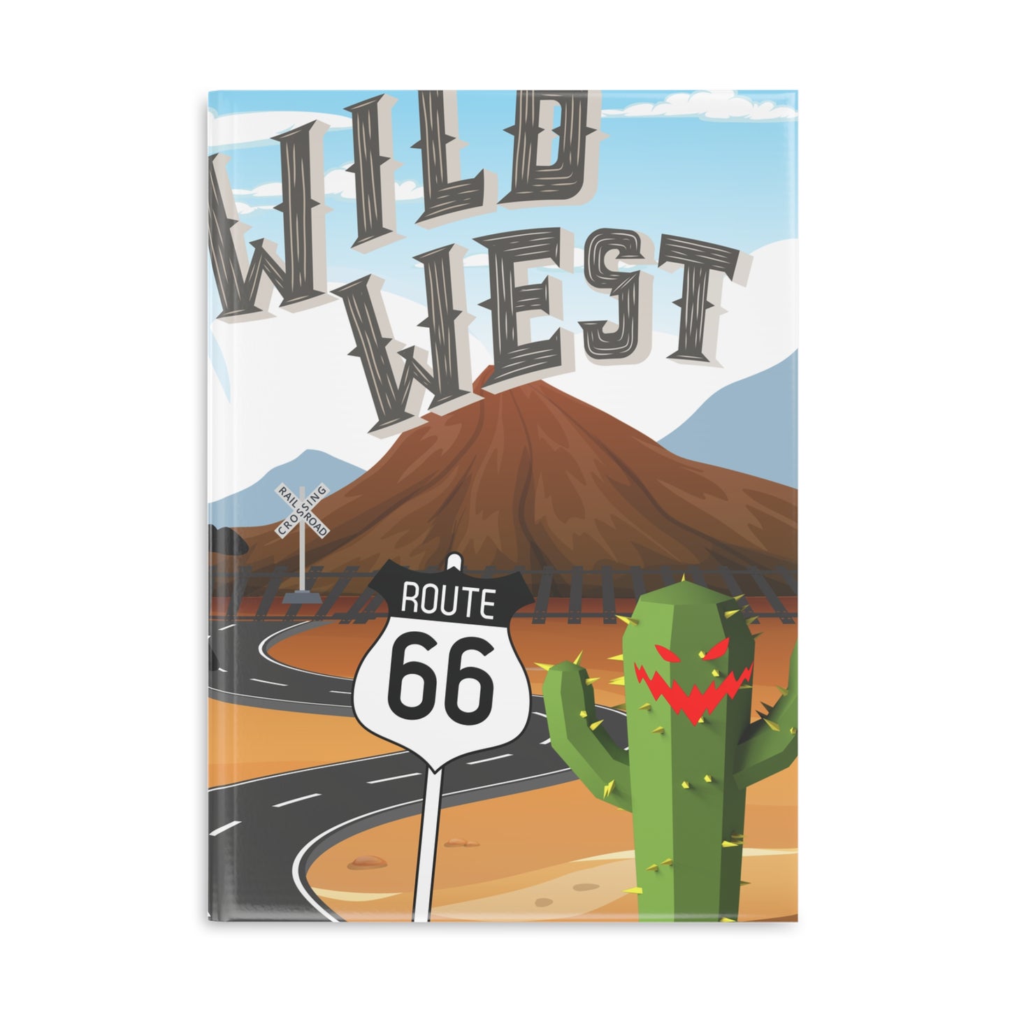 Front cover of the Wild West Route 66 hardcover notebook featuring Route 66 scene, a mountain backdrop and a mischievous, smiling cactus.