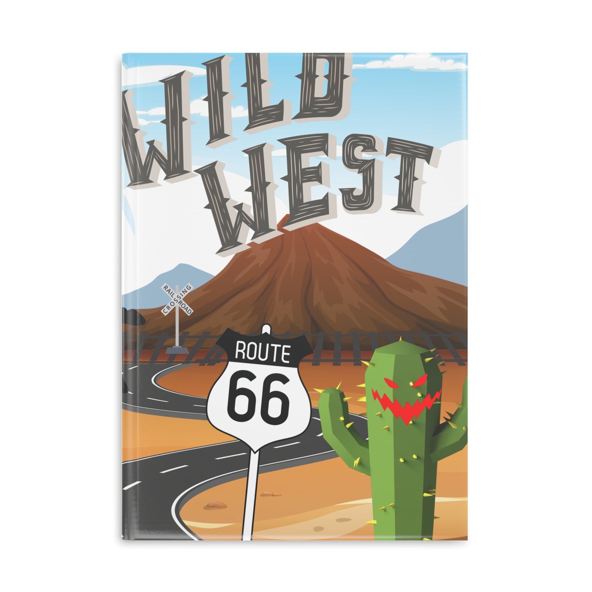 Front cover of the Wild West Route 66 hardcover notebook featuring Route 66 scene, a mountain backdrop and a mischievous, smiling cactus.