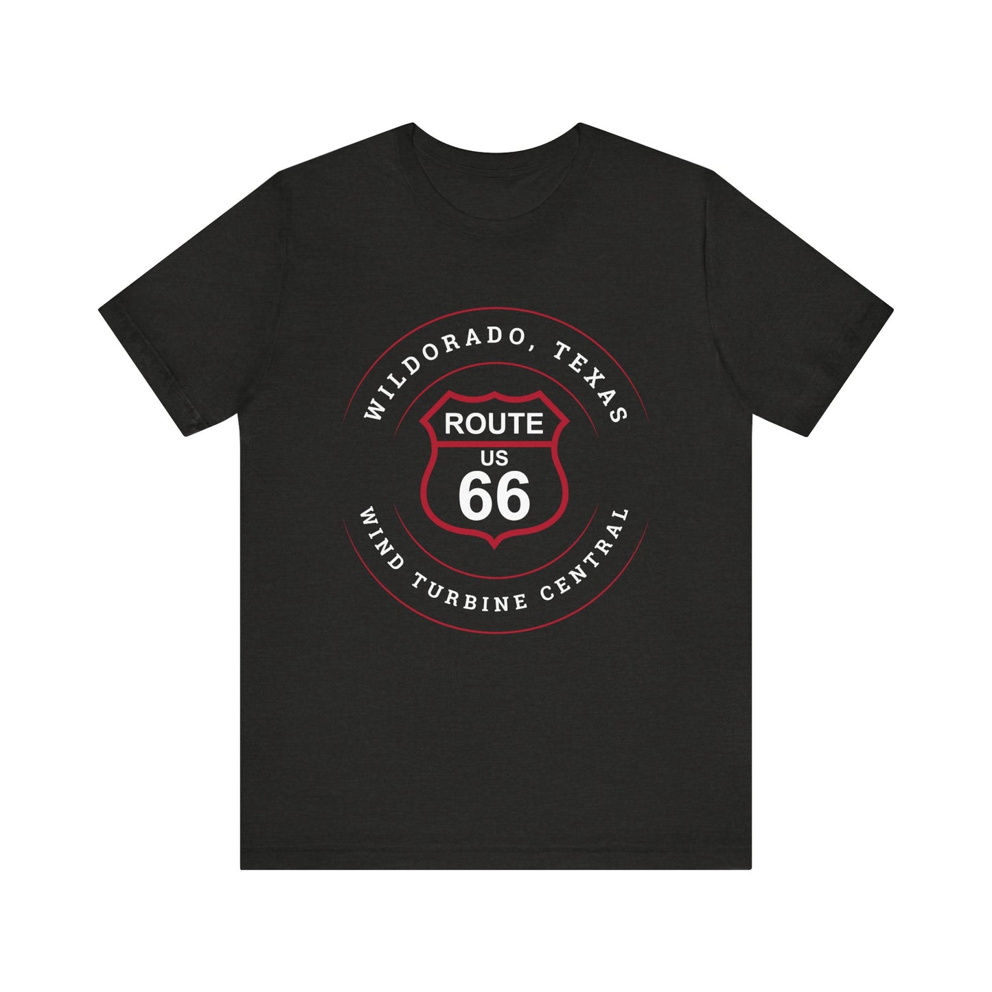 Black heather retro Route 66 unisex jersey tee with Wildorado, TX: Wind Turbine Central graphic