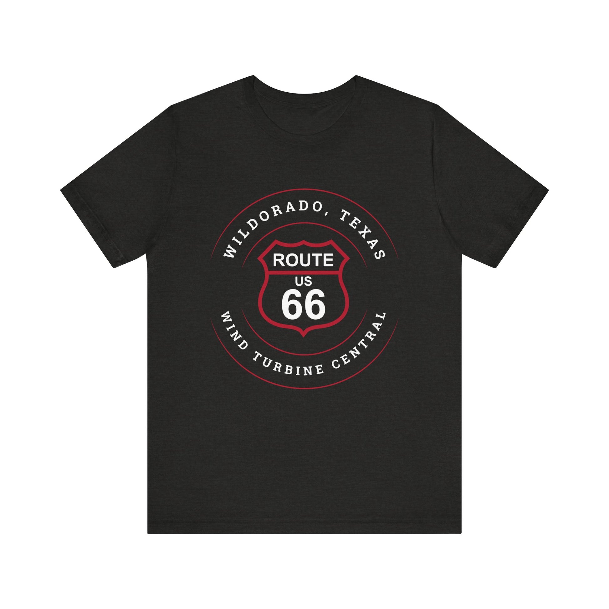 Black heather retro Route 66 unisex jersey tee with Wildorado, TX: Wind Turbine Central graphic