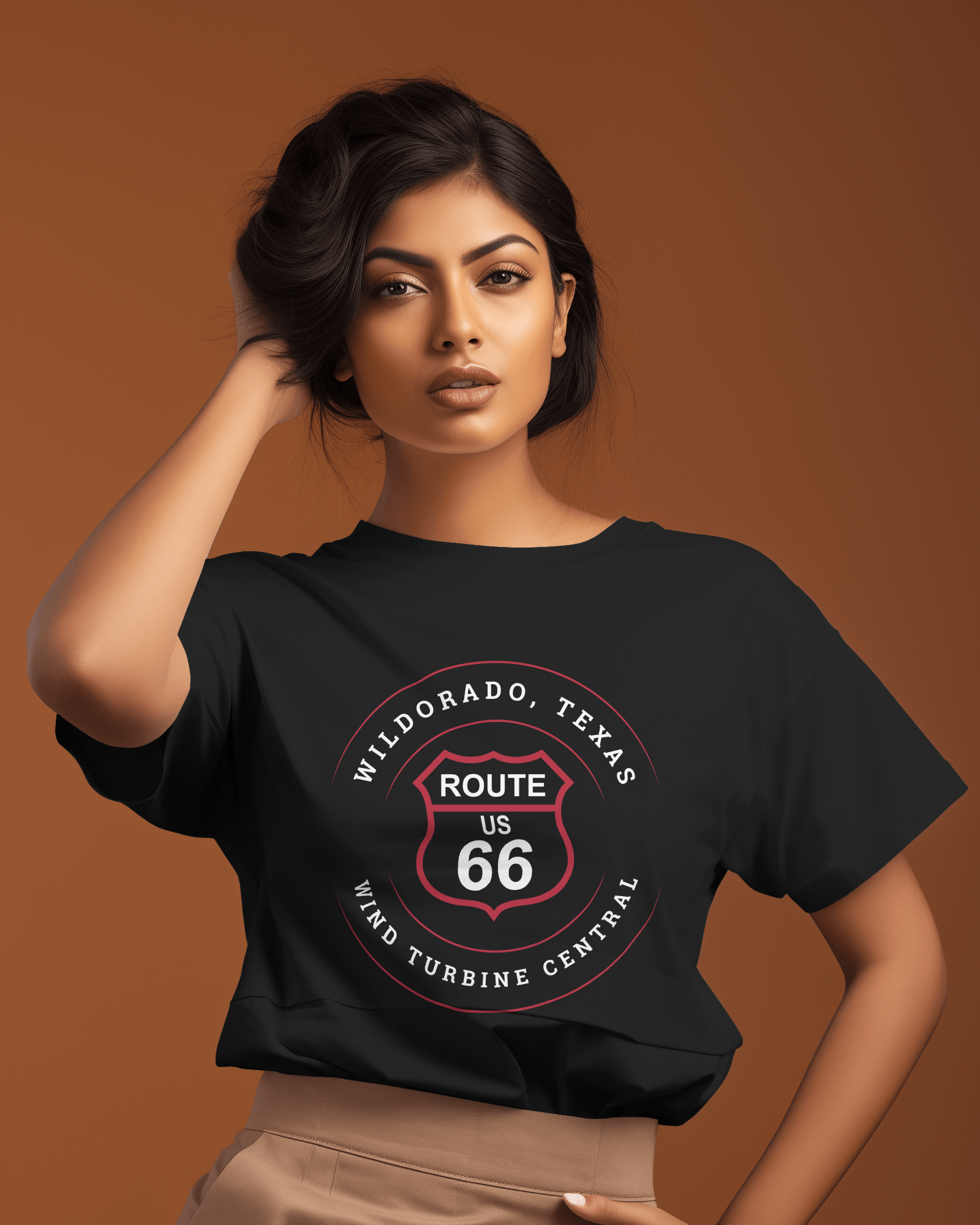 Female model wearing black retro Route 66 unisex jersey tee with Wildorado, TX: Wind Turbine Central