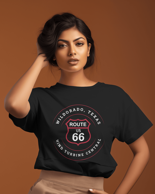 Female model wearing black retro Route 66 unisex jersey tee with Wildorado, TX: Wind Turbine Central