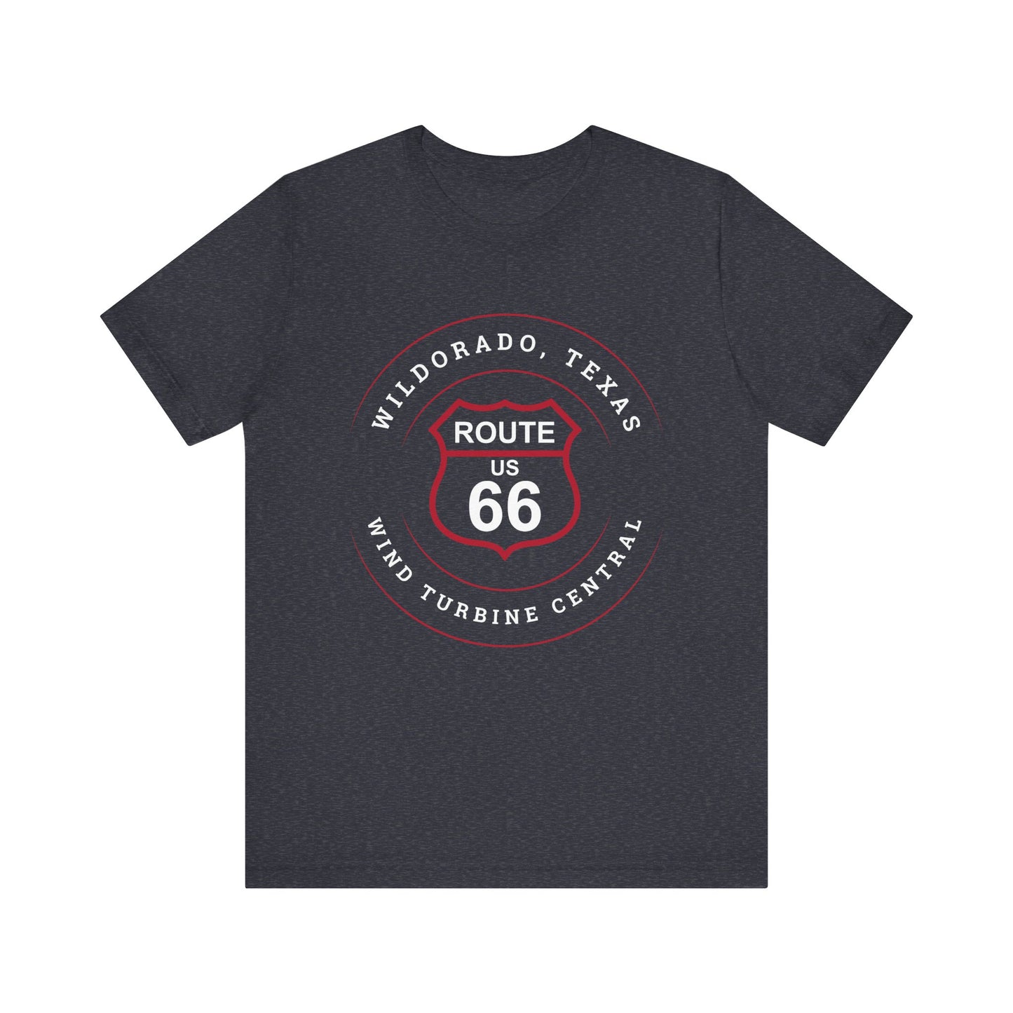 Heather navy retro Route 66 unisex jersey tee with Wildorado, TX: Wind Turbine Central graphic