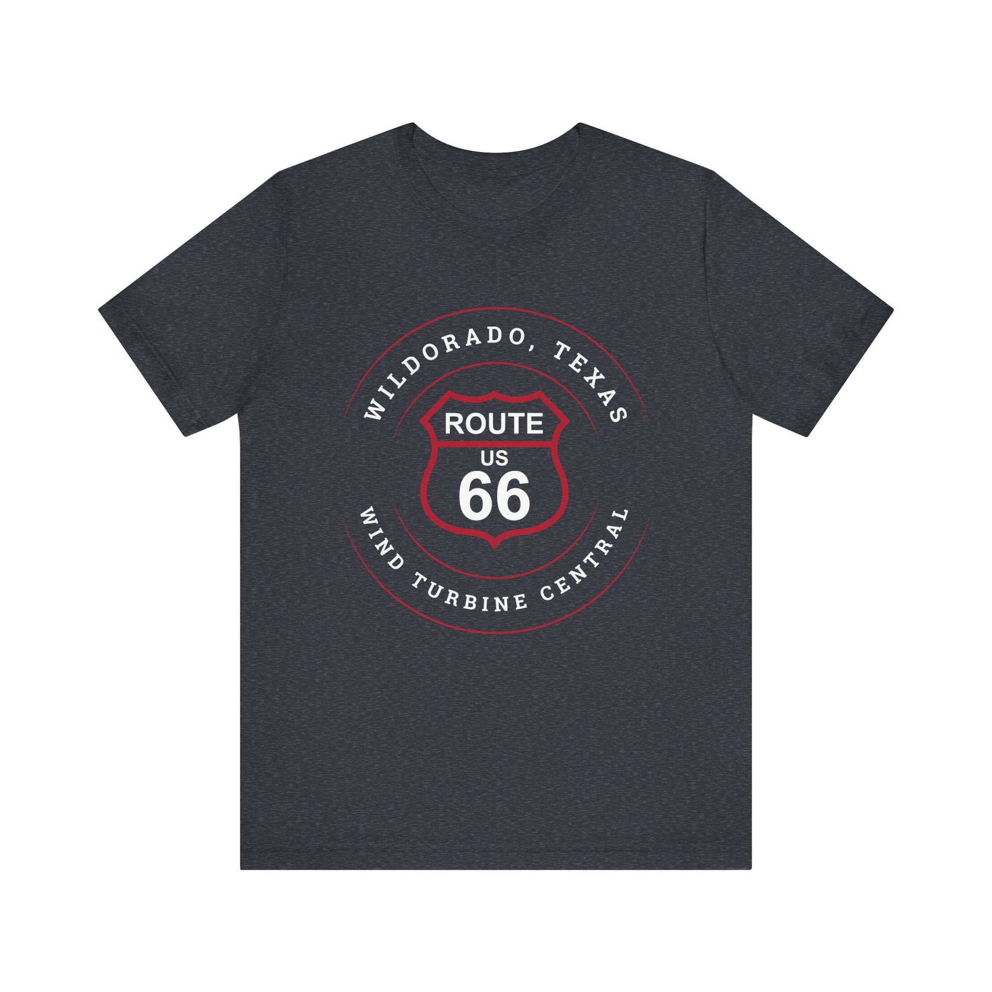 Heather navy retro Route 66 unisex jersey tee with Wildorado, TX: Wind Turbine Central graphic