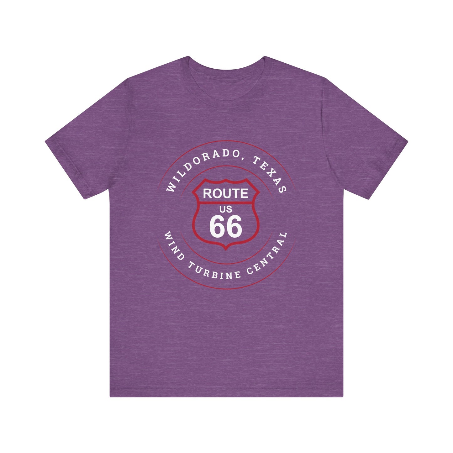 Heather team purple retro Route 66 unisex jersey tee with Wildorado, TX: Wind Turbine Central graphic
