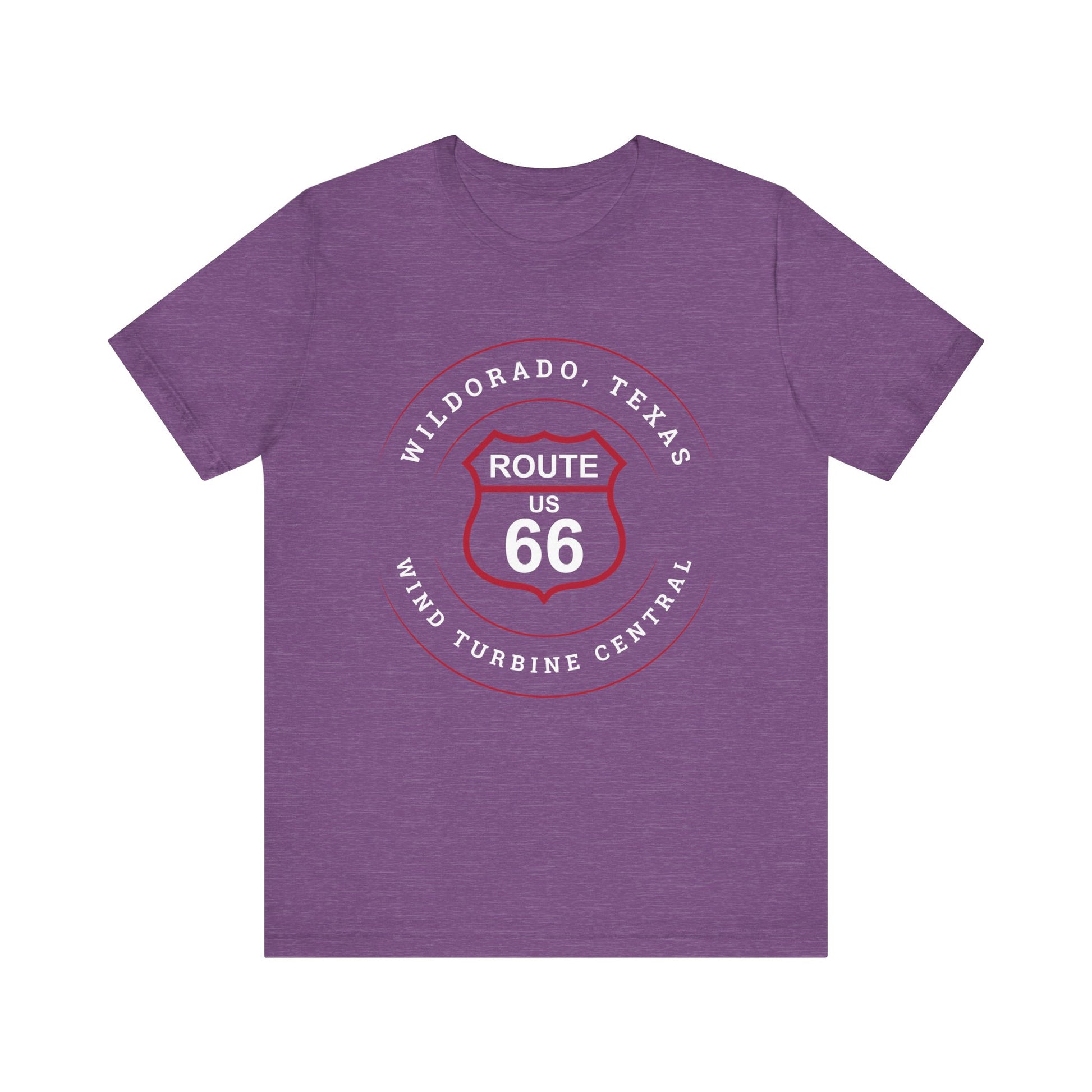 Heather team purple retro Route 66 unisex jersey tee with Wildorado, TX: Wind Turbine Central graphic
