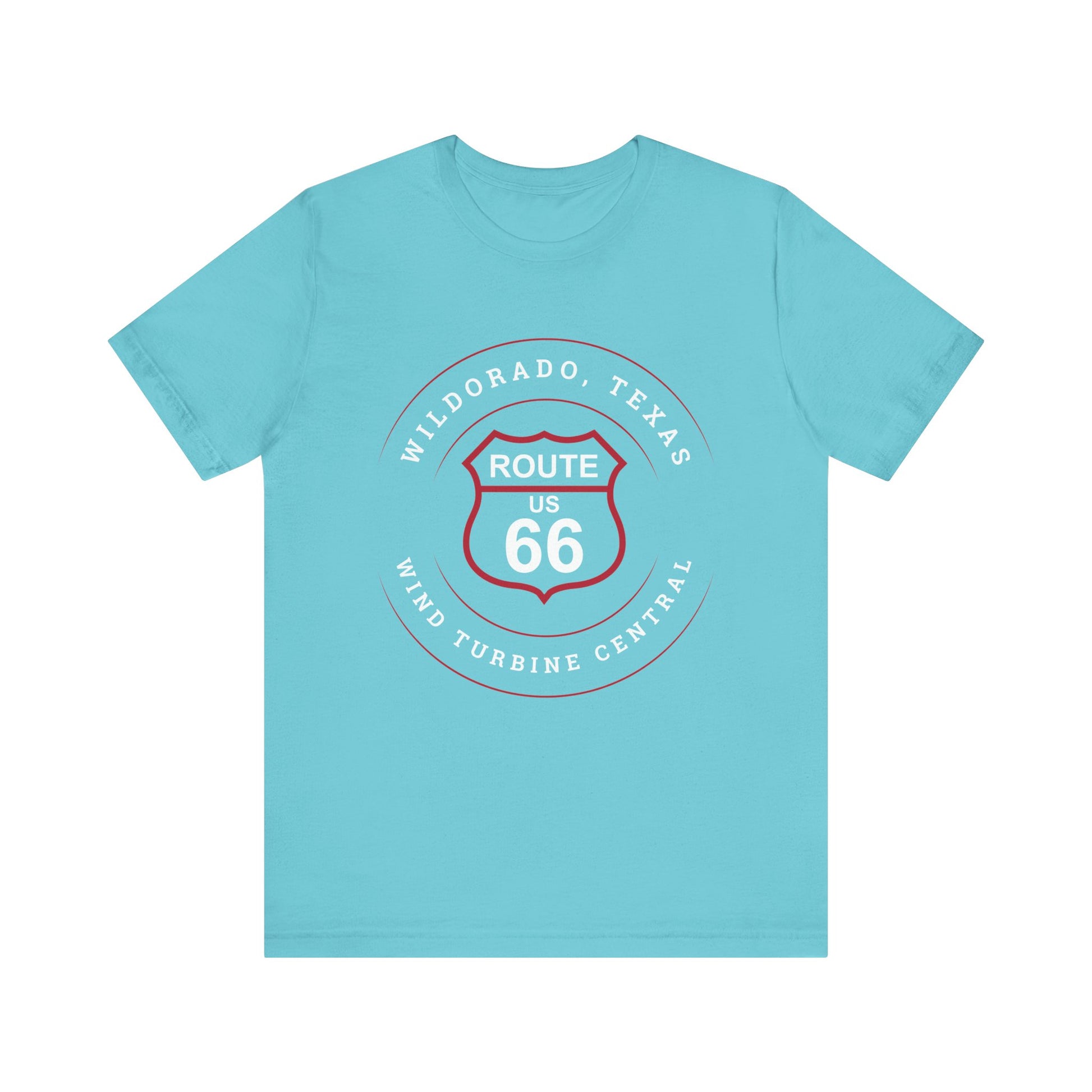 Turquoise retro Route 66 unisex jersey tee with Wildorado, TX: Wind Turbine Central graphic