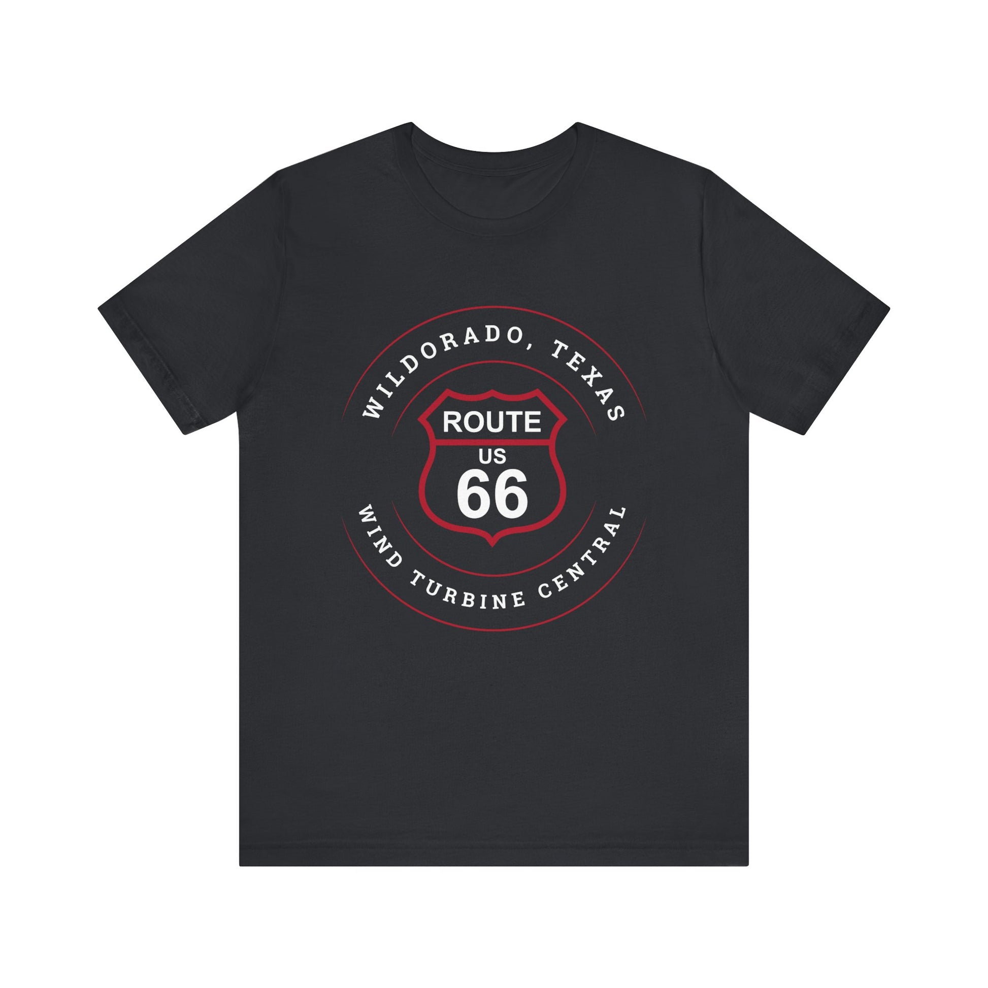 Vintage black retro Route 66 unisex jersey tee with Wildorado, TX: Wind Turbine Central graphic